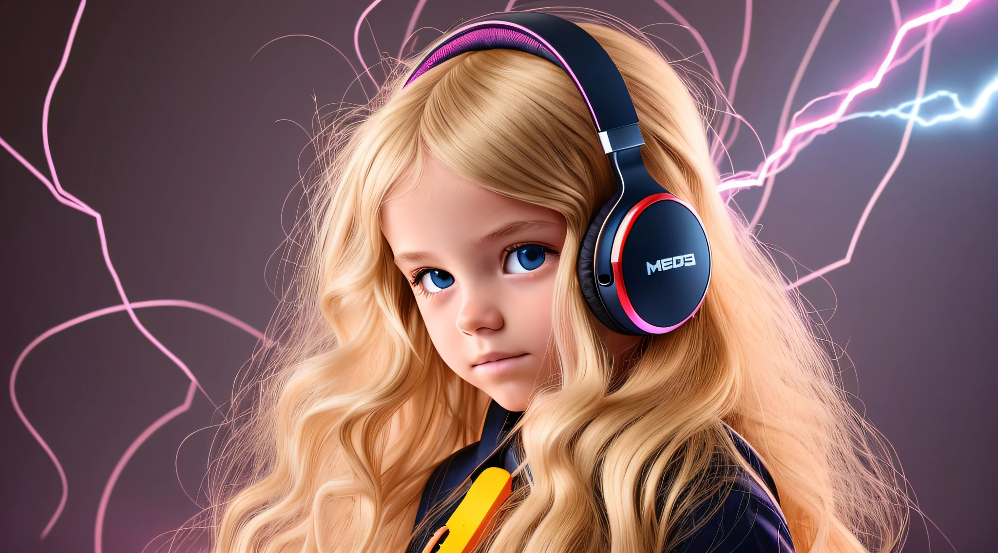 CHILD BLONDE LONG HAIR USING a headphone , fire, thunderbolt, lightning, segurando uma disco ball