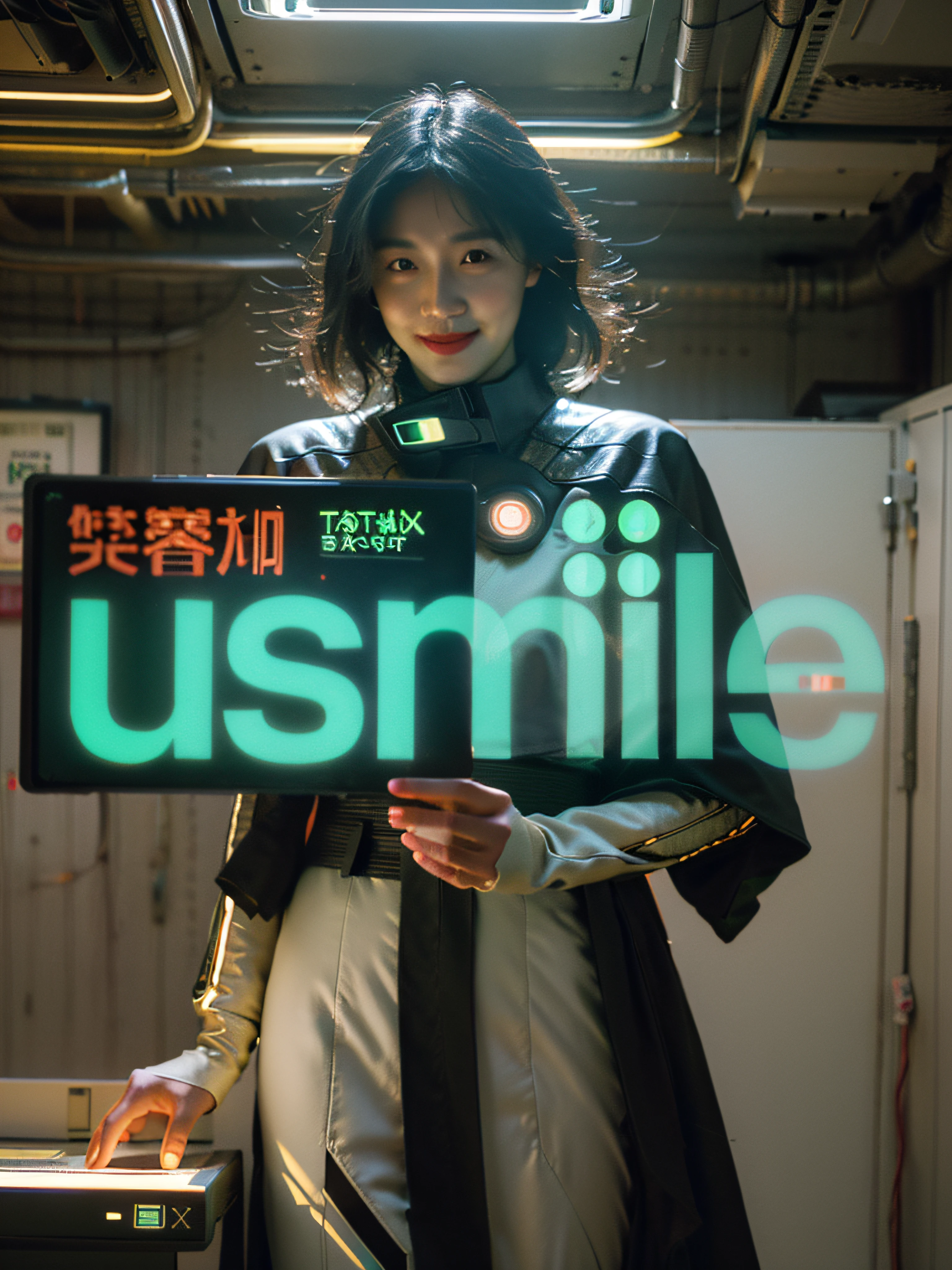 （（best qualtiy））， （（tmasterpiece））， （The is very detailed：1.3）， 3D，full-body portraits，RFKTR_technotrex，Beautiful cyberpunk woman，Lovely smile，（Wearing a head-mounted display，Thick and high-tech neon signs：1.2），Wear a cape，Computer hacking，Computer terminal，The soft glow of neon，Microelectronics，computer servers，LCD screens，Fiber optic cable，Company logo，vivd colour，hdr（HighDynamicRange），Ray traching，NVIDIA RTX，Hyper-Resolution，Unreal ub surface scaing，PBR textures，post-proces，Anisotropy Filtering，depth of fields，Maximum clarity and sharpness，Many-Layer Textures，Albedo e mapas Speculares，Surface coloring，Accurate simulation of light-material interacctly proportions，rendering by octane，twotonelighting，Low ISO，White balance，trichotomy，Wide aperture，8K raw data，High-Efficiency Sub-Pixel，sub-pixel convolution，Luminous Particle，Light scattering，Tyndallect，ssmile，Not facing the lens