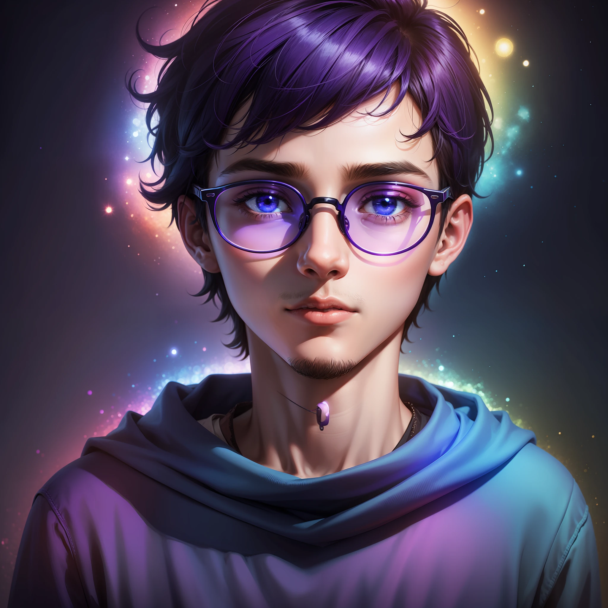 Boy with round-rimmed glasses，psychedelia，blue colors，purpleish color，light pollution
