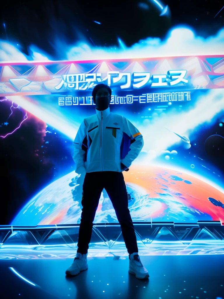 Man standing in front of a large space-themed poster, posing in neo - tokyo futuristic, Standing in outer space, in intergalactic japan, tokio futuristic in background, Hiroaki Tsutsumi Style, weather report style, in Tokyo under, background is heavenly, tokyo futuristic in background, wearing space techwear, with earth in the background