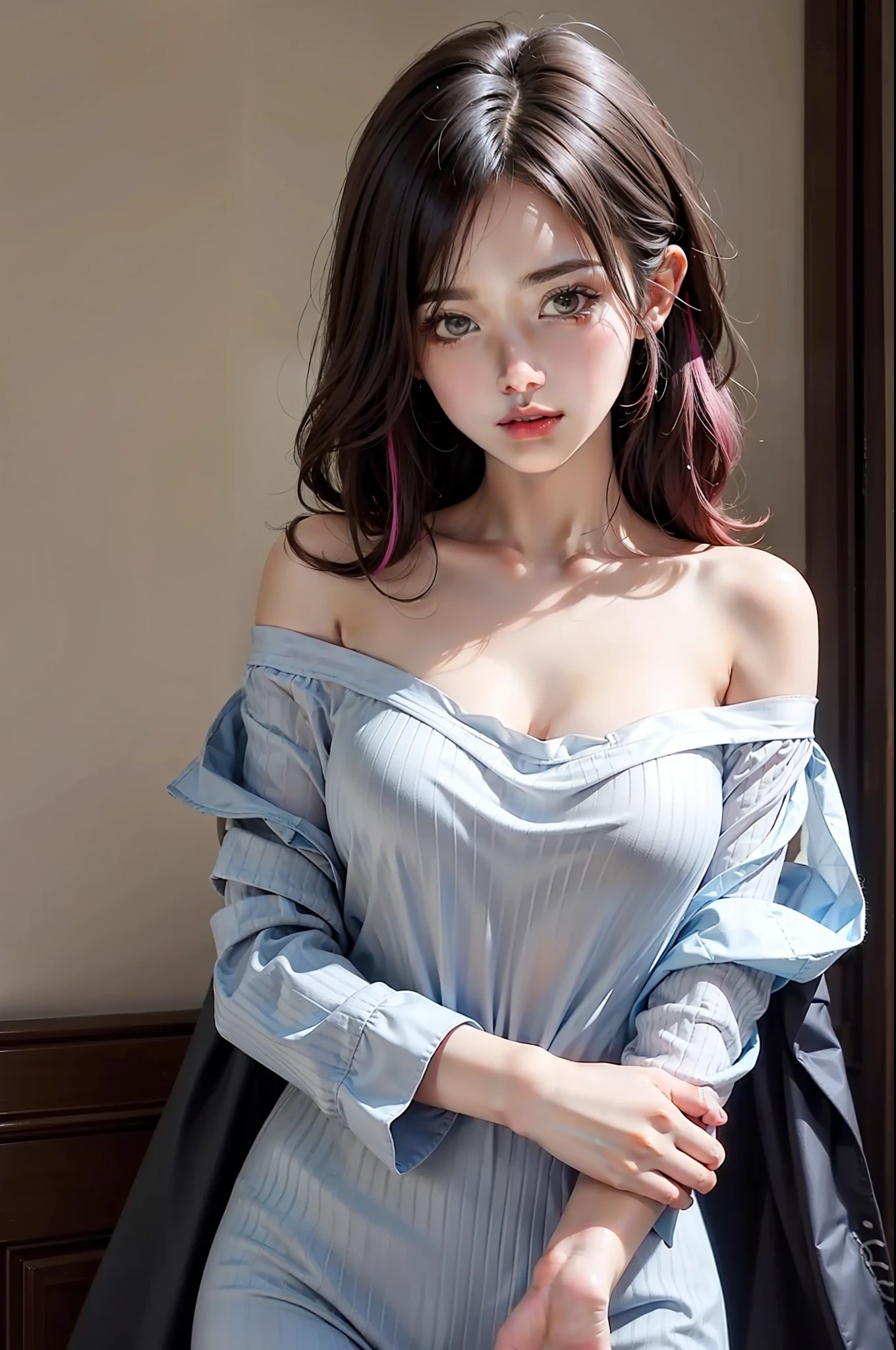 Beauty with patterned hair　off shoulder　Sheer　Off-shoulder colorful sheer