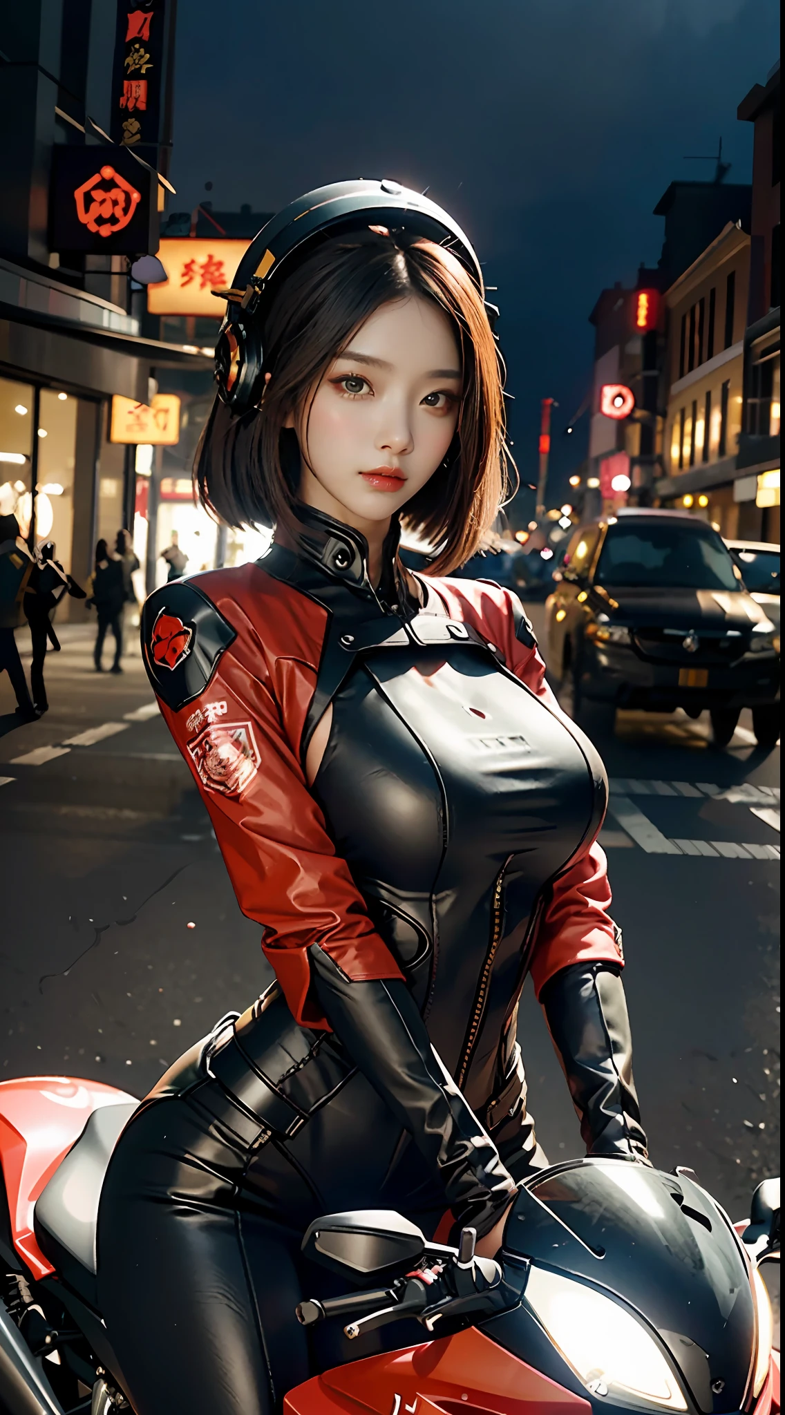 The highest image quality，excellent detail，超高分辨率，（真实感：1.4），The best illustrations，Favor detail，Highly concentrated 1girl，exquisite and beautiful face，huge boob，Sexy wearing black and red mechs，wearing a mech helmet，Hold the direction controller，Riding a motorcycle，the background is a high-tech lighting scene of the city of the future。