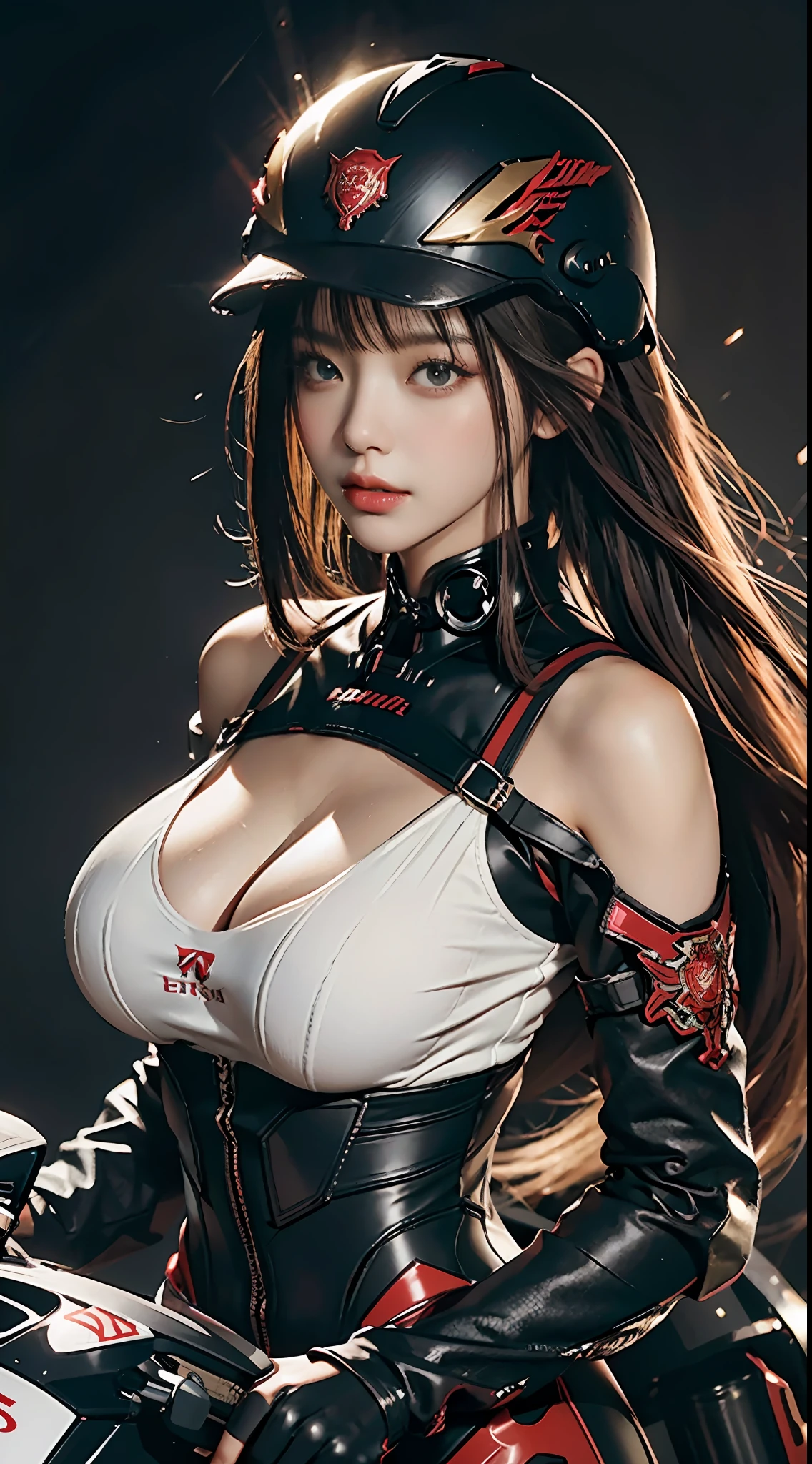 The highest image quality，excellent detail，超高分辨率，（真实感：1.4），The best illustrations，Favor detail，Highly concentrated 1girl，exquisite and beautiful face，huge boob，Sexy wearing black and red mechs，wearing a mech helmet，Hold the direction controller，Riding a motorcycle，the background is a high-tech lighting scene of the city of the future。