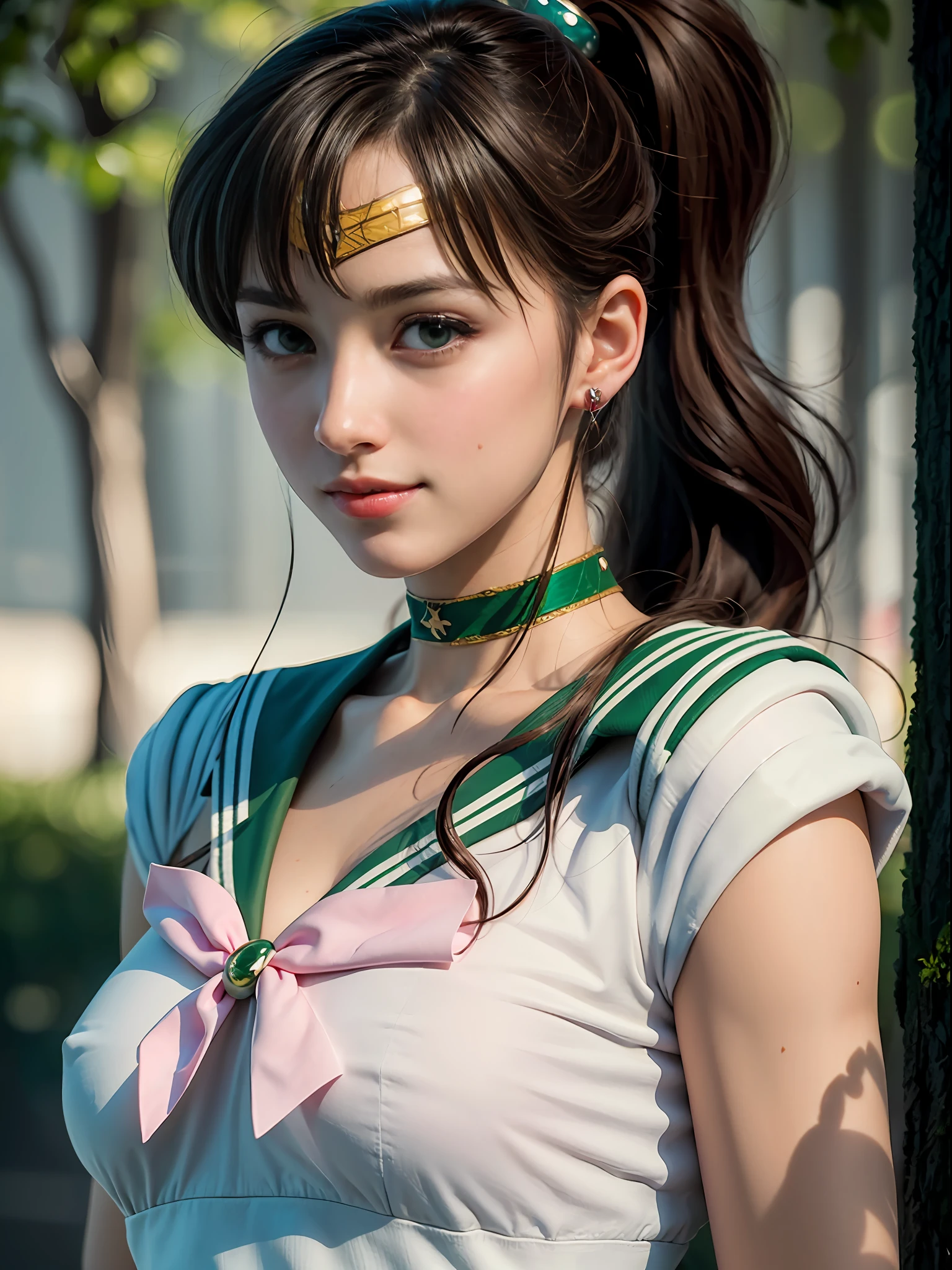 (masterpiece, best quality:1.4), (full body:1.5), (standing), 1girl, solo, hmjupiter, (green eyes:1.2), ponytail, (tiara:1.2), jewelry, (sailor senshi uniform:1.5), green sailor collar, choker, elbow gloves, white gloves, pink bow, brooch, white leotard, green skirt, pleated skirt:1), beautiful face, highly detailed face, highly detailed eyes, highly detailed skin, skin pores, subsurface scattering, realistic pupils, medium breast, sexy smile, full face blush, full lips, sakura trees background, subsurface scattering, detailed background, depth of field, volumetric lighting, sharp focus, absurdres, realistic proportions, good anatomy, (realistic, hyperrealistic:1.4), 16k hdr,