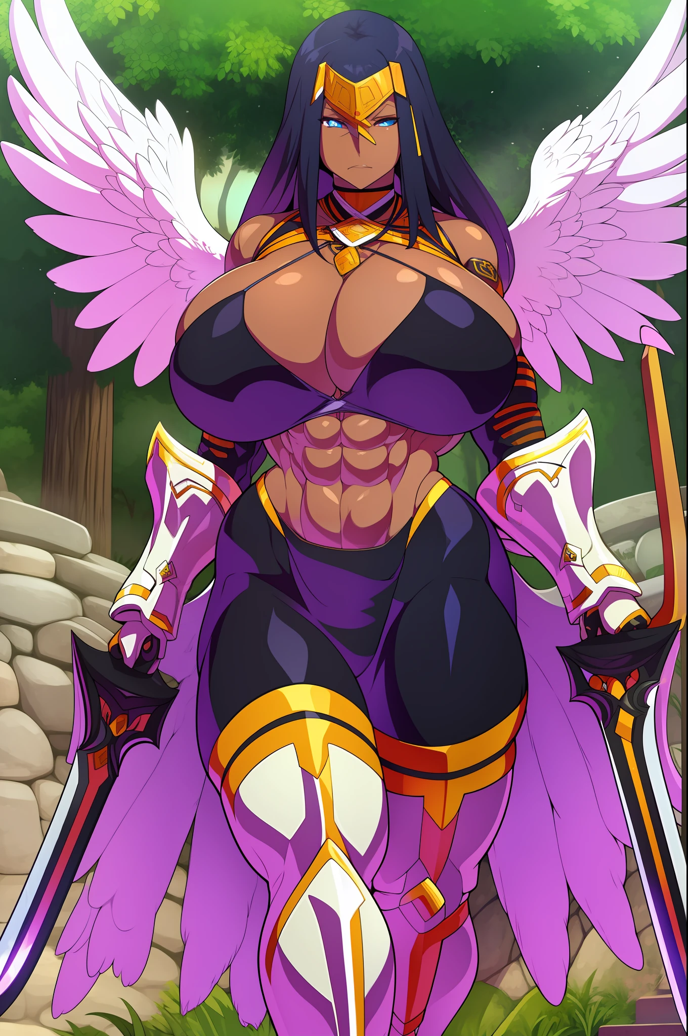 Tallgirl, dark-skinned woman, cheveux bleus, cheveux noirs, cheveux longs, demi-armure, revealing clothes, ange, Angel wing, presque, Sword outfit , Great Sword, enormous breast, ABS, portrait, marche, walking, full body, flipflops