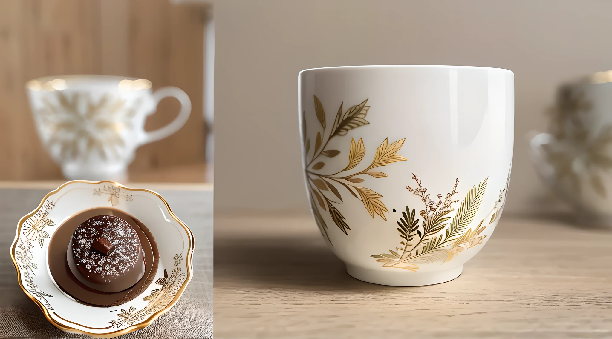 This fragrant cup of coffee is served in a fine porcelain coffee cup。Coffee with cookies and cookies, Muffins, Chiffon cake, black forest, brownie, Chocolate mousse cake。The cup is painted with a delicate pattern, The delicate lines outline the beautiful pattern, The body of the cup is as white as snow, It exudes a noble luster。Coffee cups are placed on a smooth walnut tabletop, Contrast with the dark color of the tabletop, Creates a warm and luxurious feeling, The walnut surface on the table reflects faint light, Complement the color of the coffee in the cup。This fragrant cup of coffee seems to resonate with the table, Fill the entire space with warmth and tranquility, Beautiful silver coffee spoon