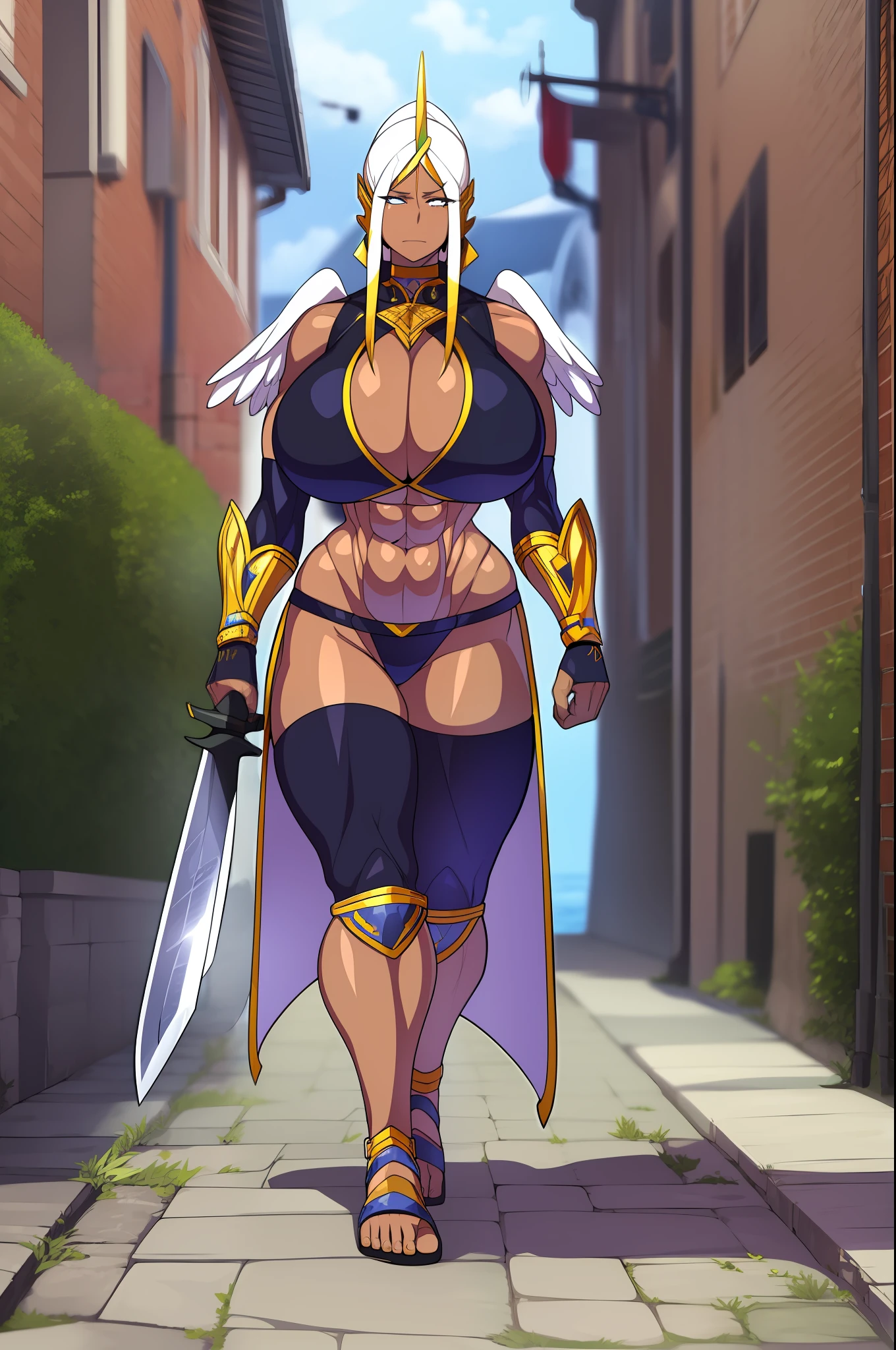 Tallgirl, dark-skinned woman, cheveux bleus, cheveux noirs, cheveux longs, demi-armure, revealing clothes, ange, Angel wing, presque, Sword outfit , Great Sword, enormous breast, ABS, portrait, marche, walking, full body, flipflops