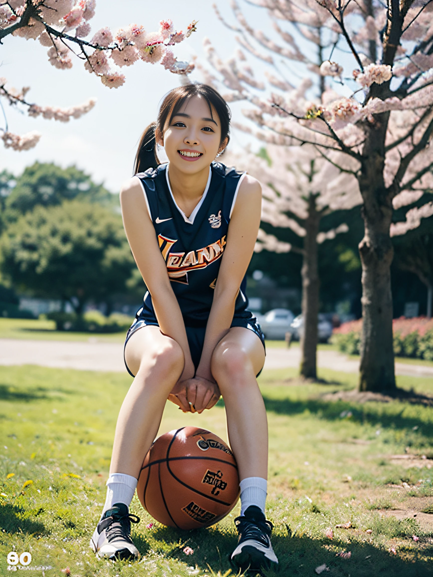 (8K、top-quality、masterpiece:1.2)、(realisitic、Photorealsitic:1.37)、ultra-detailliert、top-quality、超A high resolution、From head to thigh、professionally lit、Cinematic lighting,a park、A path lined with flourishing cherry blossom trees、depth of fields,Focusing,Sun'rays,Good composition,(Bokeh:1.2),女の子1人,(full body Esbian),(A smile),Beautiful eyes,the pose,Triangular sitting、Constriction,Basketball Uniforms,Cropped tank top,poneyTail,(ulzzang-6500:1.2) mix4, hiqcgbody