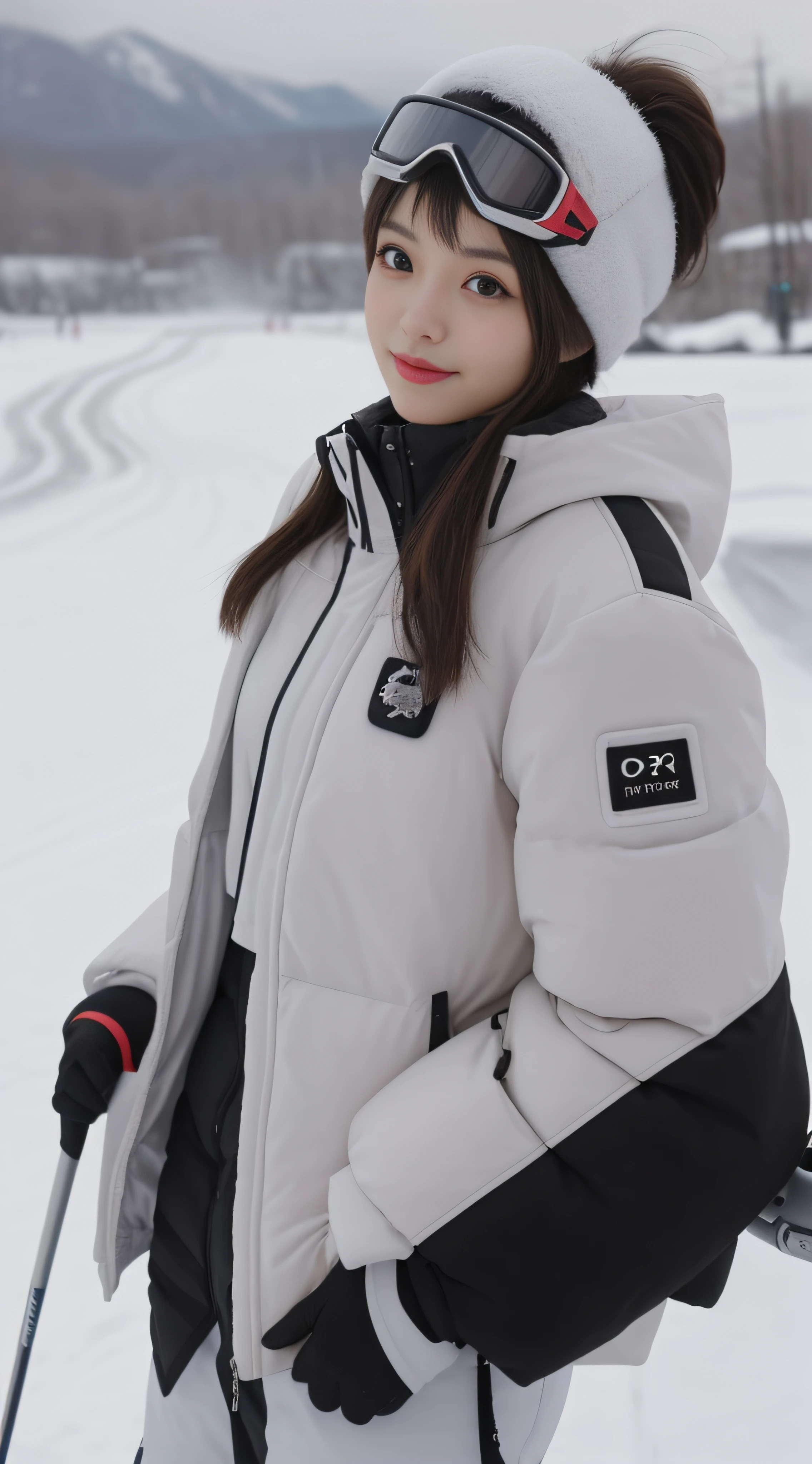 skiing,ski,ski goggles,Focus:1.2, perfect figure beautiful woman:1.4, Best facial quality, Ultra-high facial detail,Ultra-high pupil detail,slimfigure,ssmile,Ultra-detailed facial makeup,Smaller bust,at winter season,围巾,outside,Hair is slightly curled,Single horsetail,