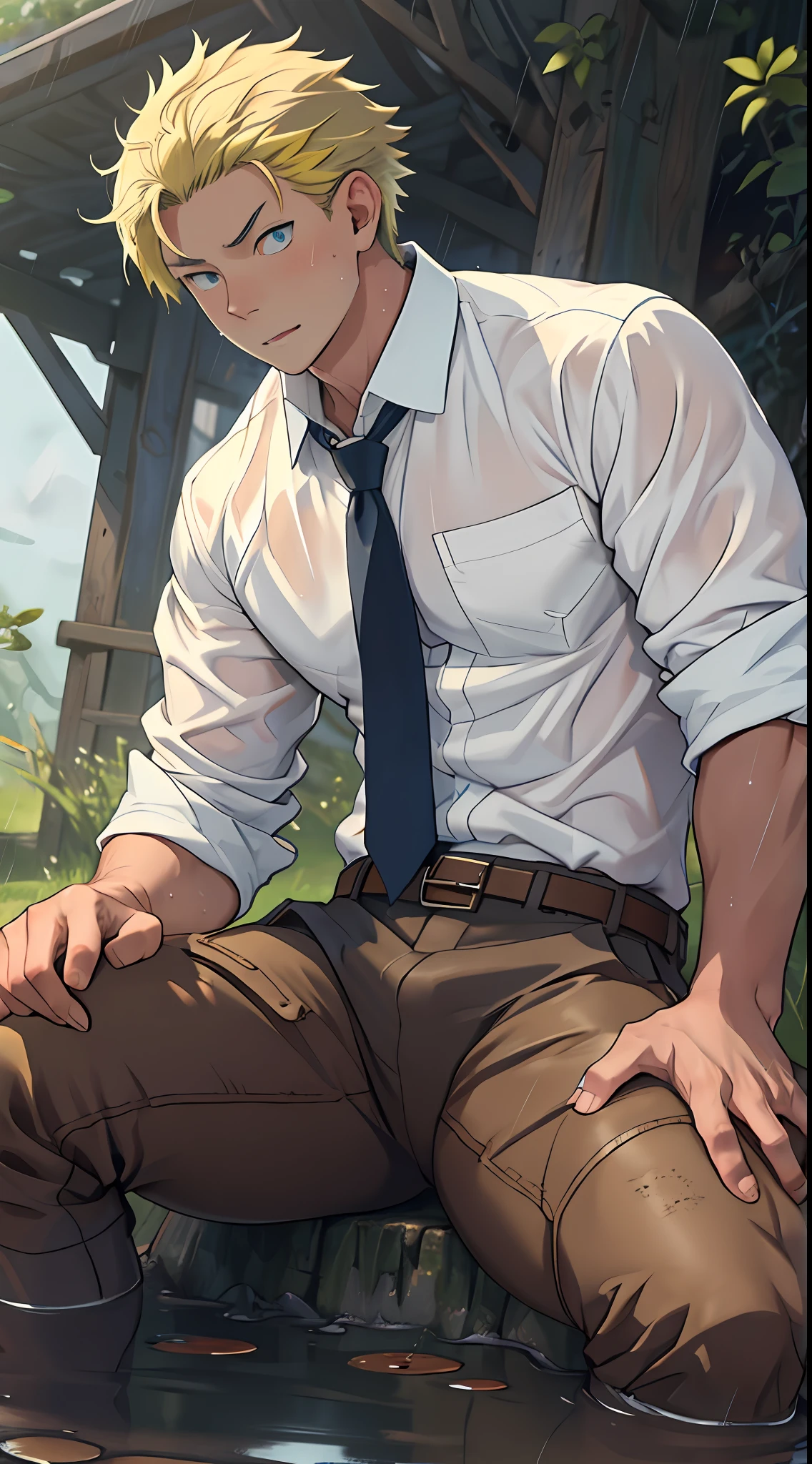 （1 Adult male），A high resolution， Sharp focus， Pixiv masterpiece， （（Complicated details））， highly  detailed， natsuki_subaru， 1 man，Lying in the mud，Close-up of crotch，Crotch view， Lazy，full bodyesbian， blue color eyes（eyes glowing）， Short yellow hair，white  shirt，Wear a tie，Wear a belt，perspire，rain，Drenched，Sweaty crotch，look from down