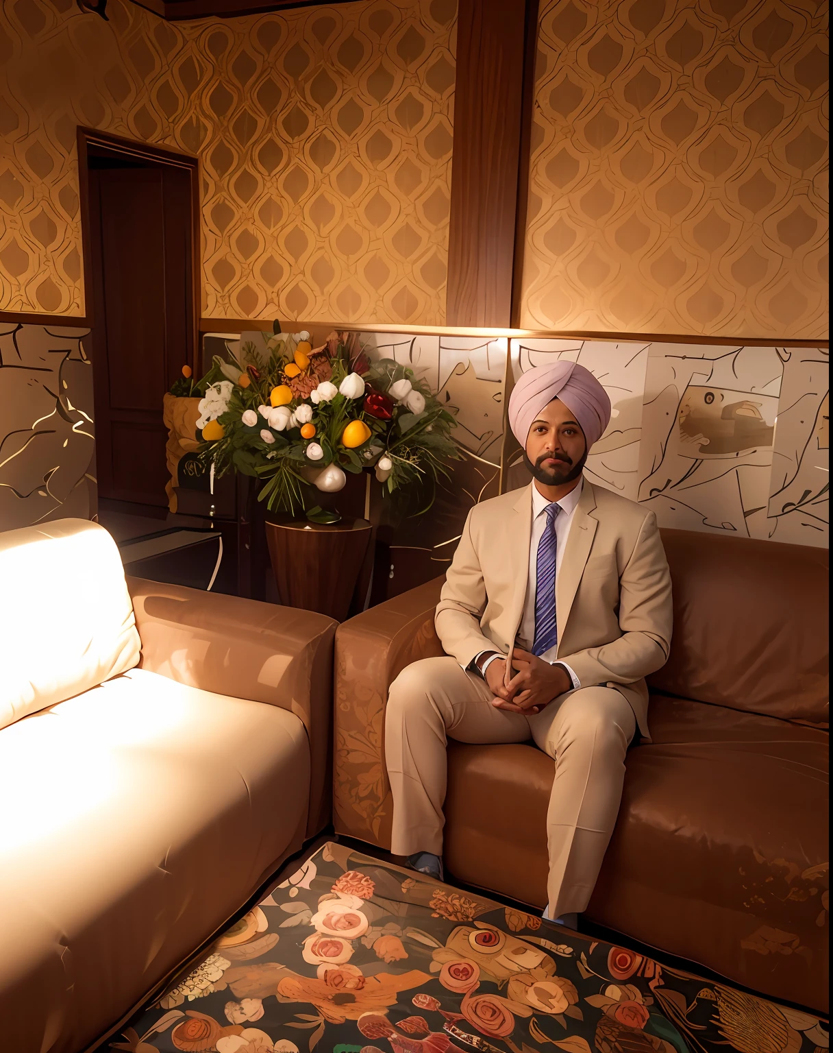 Change the background to a high-resolution 8k image while keeping the face and turban unchanged. The face and turban should remain the same. Please make it suitable for use as an avatar profile photo.