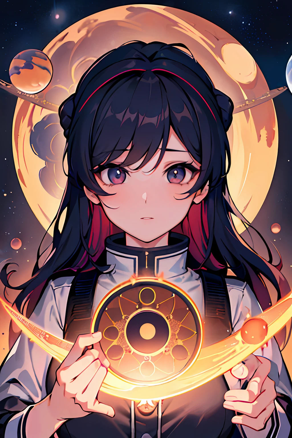 best quality, (masterpiece), Ultra-detailed, (novel illustration:1.2), (korean webtoon style:1.2), (bold line), (highres:1.2), dramatic light, 1girl, observatory, looking at space through long Telescope, space, planets, falling stars, light lines among planets, looking above, beutiful face, cogwheels