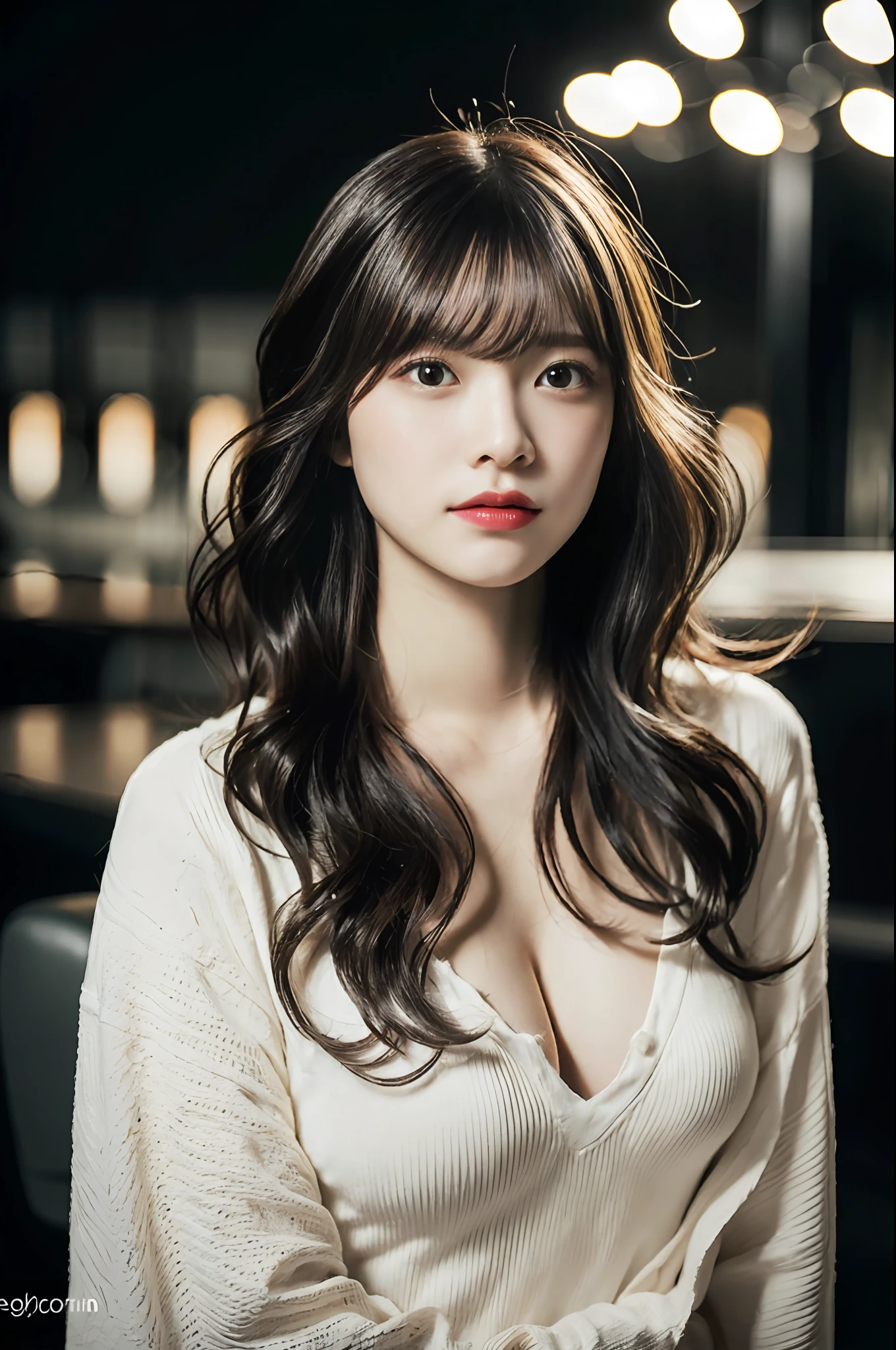 1girl in, (Wavy Hair:1.21),(disheveled hair:1.331), Flashy clothes、High exposure、A sexy、large full breasts, Valley, hair messy, Long bangs, hairs between eyes,(Open your clothes), Beautiful detailed eyes, Burning cheeks、Beautiful skin、Facial expressions inviting a man、Dark background, Izakaya、alcohol、highball、mug、wining、bars, club, Dim light , Sitting on a chair,Looking up over the desk、 (超A high resolution,Photorealistic,Realistic,Best Quality,Photorealsitic), (8K, Raw photo, Best Quality, masutepiece), (Photon mapping, Radio City, Physically-based rendering,Automatic White Balance), (technological sense, Best Quality, masutepiece,Unity,Wallpaper, Official art, amazing, finely detail, extremely delicate and beautiful,Extremely detailed, Highly detailed, Sharp Focus),photograph,Sexy backgrounds