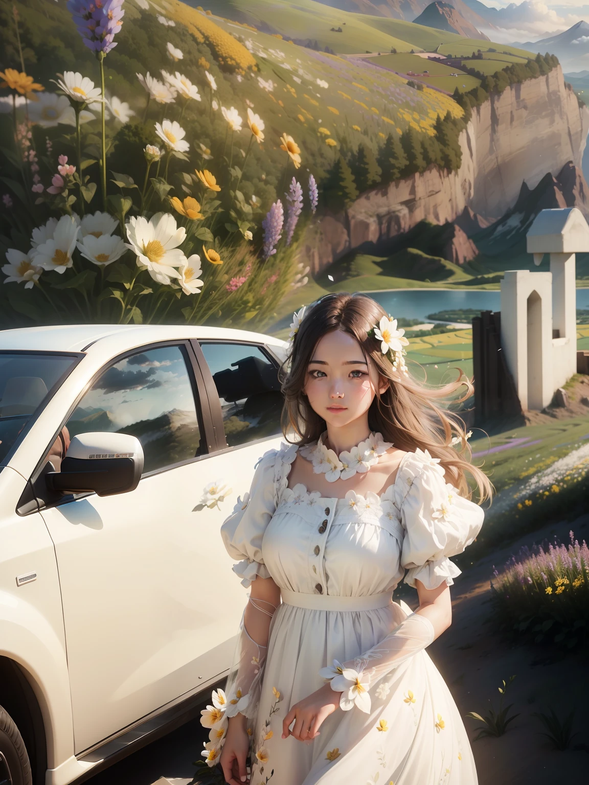 1girl, dynamic angle, cloud and mountain, (flower field:1.4) in the foreground, white dress, light tracing, (floating colorful wind:1)
(photorealistic:1.4), official art, unity 8k wallpaper, ultra detailed, beautiful and aesthetic, masterpiece,best quality, glowing skin, cinematic lighting, light smile