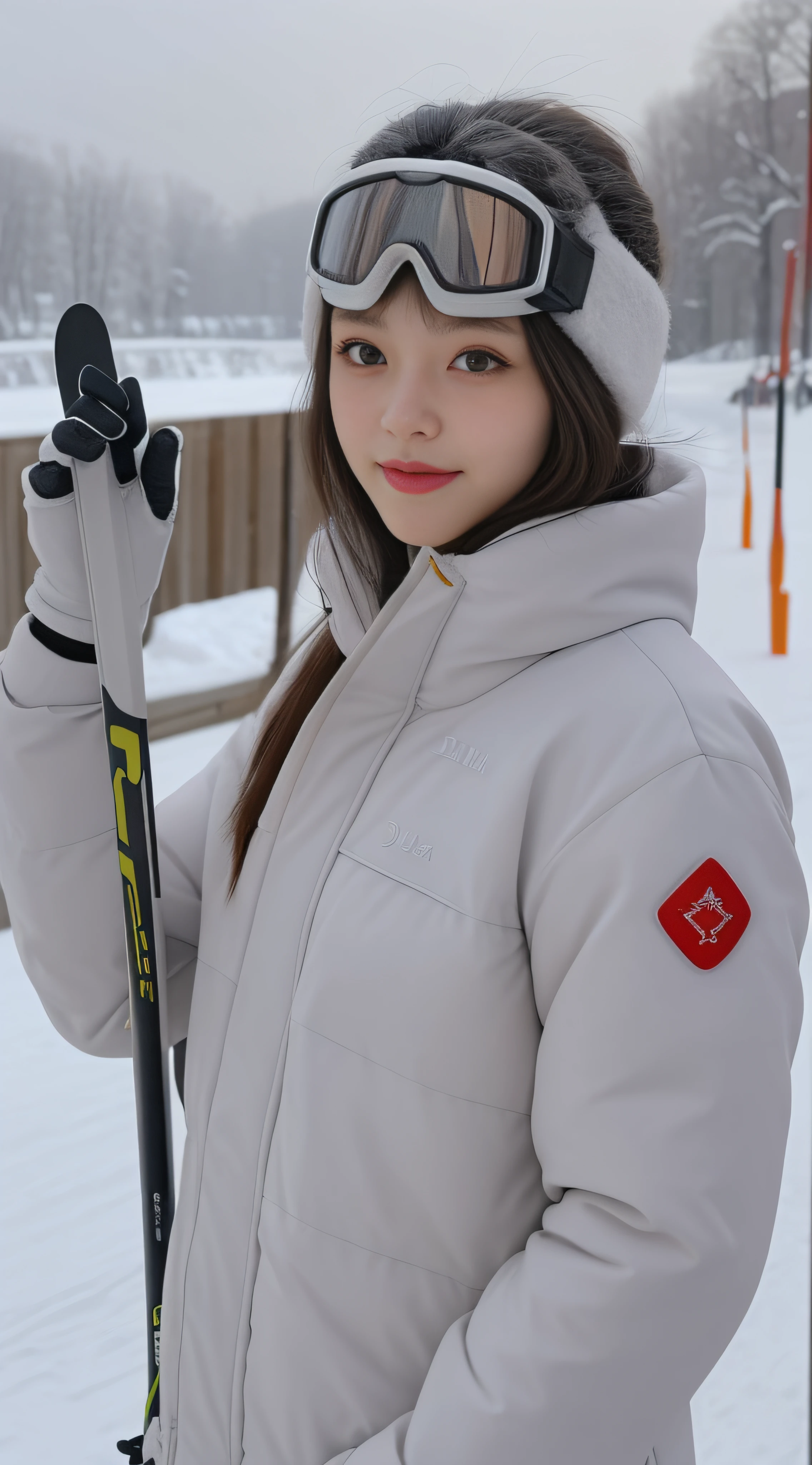 skiing,ski,ski goggles,Focus:1.2, perfect figure beautiful woman:1.4, Best facial quality, Ultra-high facial detail,Ultra-high pupil detail,slimfigure,ssmile,Ultra-detailed facial makeup,Smaller bust,at winter season,围巾,outside,Hair is slightly curled,Single horsetail,
