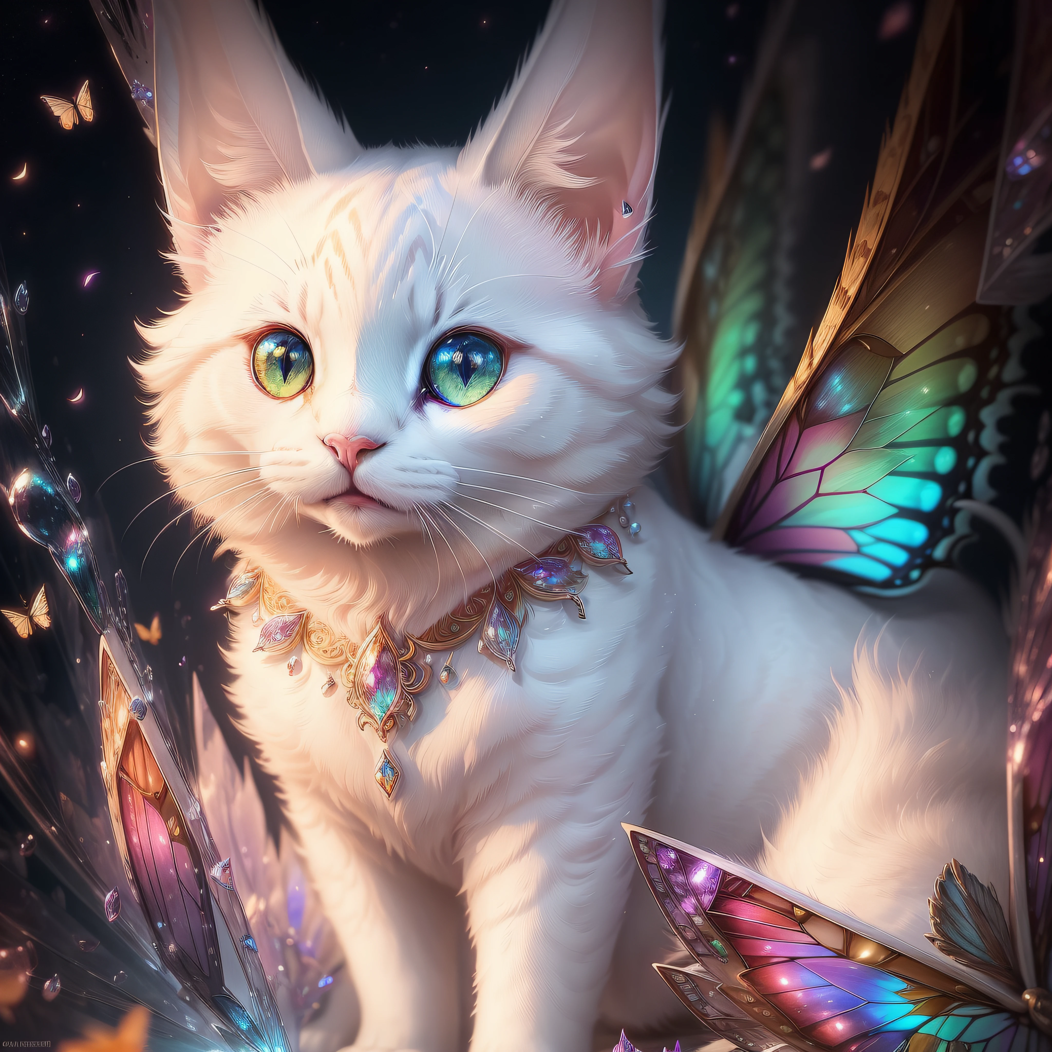 White cat、White cat、White cat、White cat、close-up of the smile face、smil、(roundly eyes、Sapphire green eyes,、Glowing eyes、Eye Gloss）、（Open lips、teeth are slightly visible、lipgloss）、dreamlikeart、Highly detailed airbrush art、intricate detailes、Volumetric lighting、top-quality、The ultra-detailliert、The composition of the movement、Highly detailed colorful details、Irridescent color、Bright lighting、dream-like、Magical、dynamic compositions、The mirror reflects light、Shallow depth of field、ultra-detailliert、mixing  exposure、Super masterpiece、vivd colour、colourfull、One woman's face、Cute cat in clothes、Anthropomorphic representation、Rich colors、exquisitedetails、(butterflys,Exquisite butterflies,Ultra CG), (High resolution:1.5)、、Colorful, Transparent gems on the beach、Orange in the sky、pink there、Absolutely enchanting sunset on the beach mixed with yellow、The water is crystal clear and splashing、White sand beach stretches out as far as the eye can see、Dynamic and breathtaking scenes、