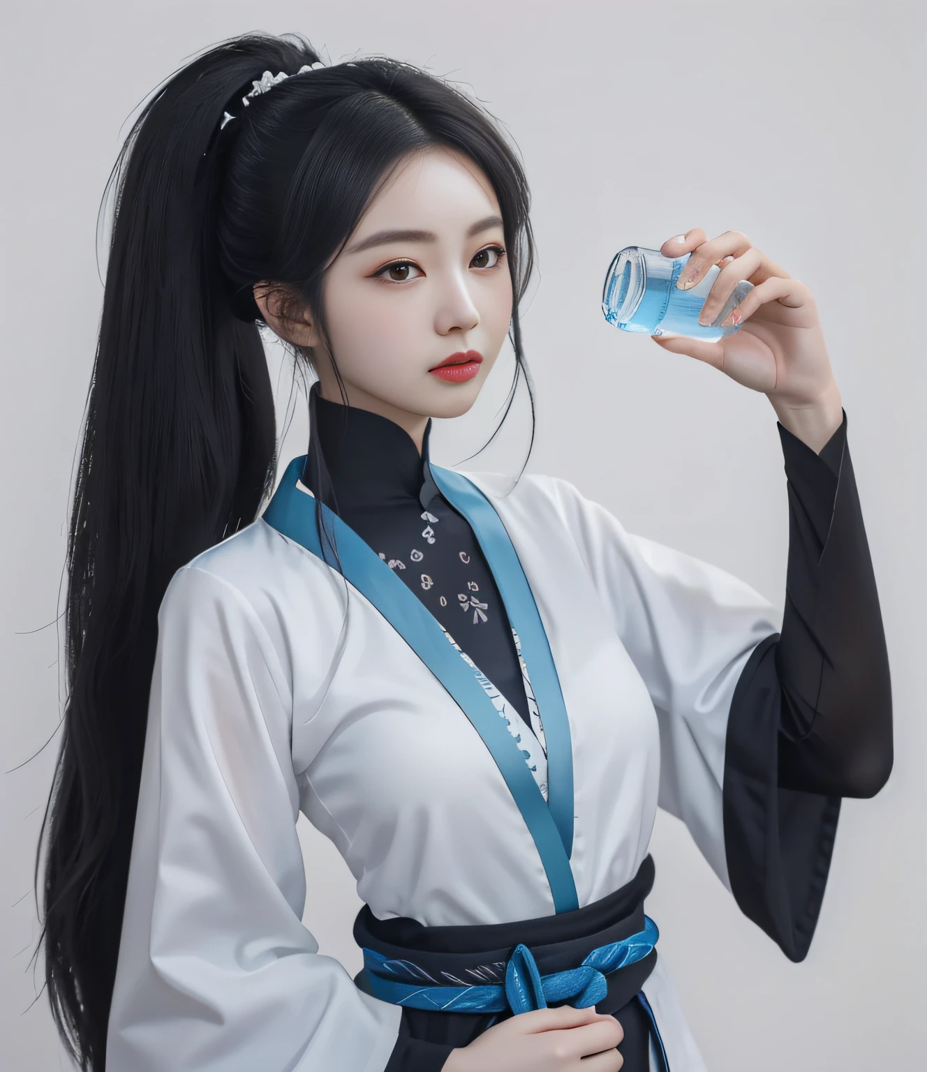Arapei Asian woman in a white shirt and black belt holds a bottle of water, White Hanfu, Palace , A girl in Hanfu, Hanfu, Anime girl cosplay, full-body xianxia, with acient chinese clothes, Xianxia, white hime cut hairstyle, inspired by Zhang Yan, Anime cosplay, flowing hair and long robes