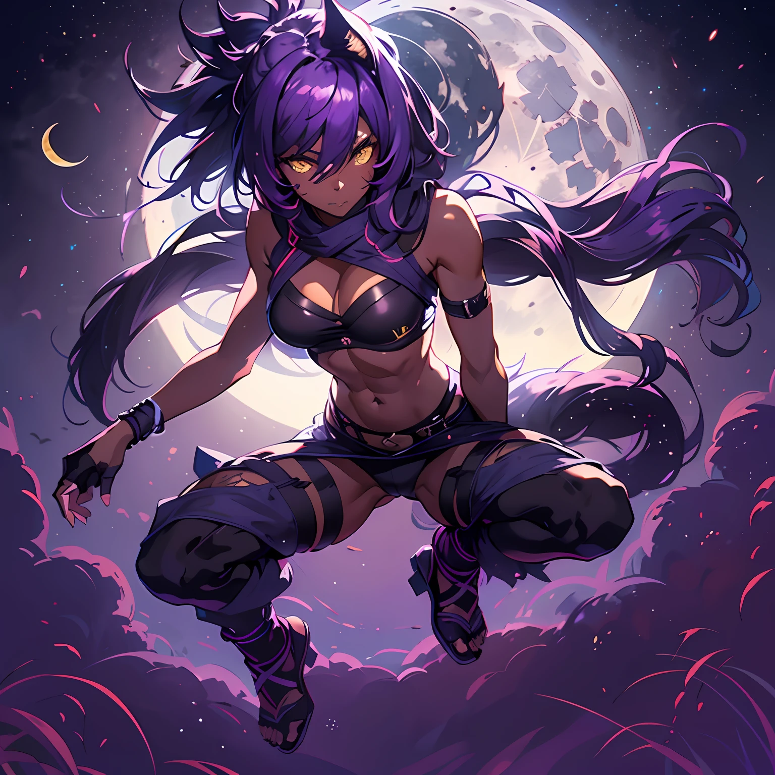 mature female, ninja, (shihouin yoruichi), purple hair, dark skin, yellow eyes, cat ears, small breasts, flat stomach, slim waist, large hips, thick thighs, on all fours, seductive face, dark wood background, moonlight, beautiful shadow and lighting, (jumping in front of the moon), mesmerising full moon