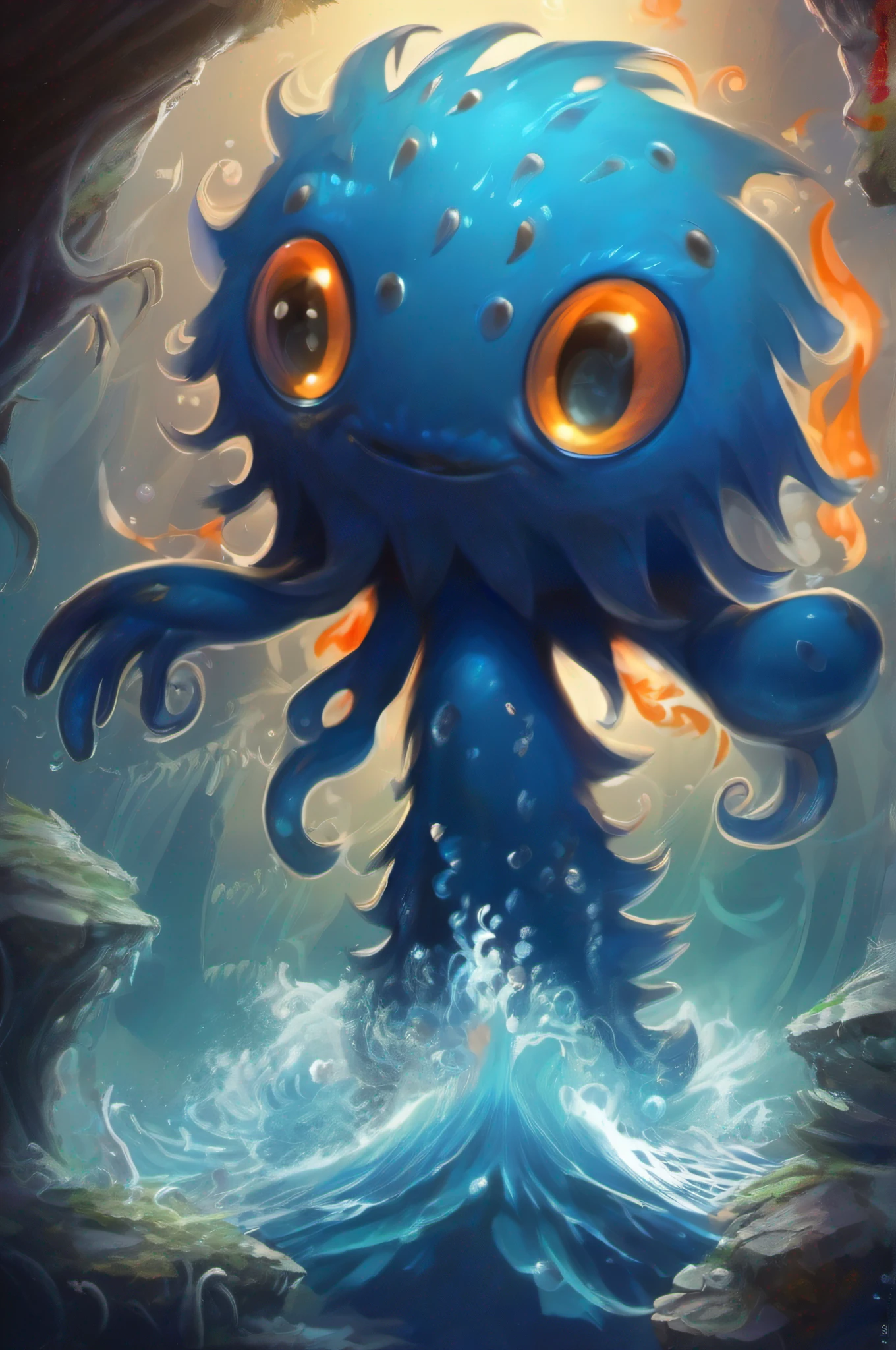 A child's fantasy of a monster living in water,It's like a mixture of jellyfish and hedgehogs,The whole body is transparent dark blue,Two eyes of flame,Fighting in the ocean,cartoonish style,k hd,Pokémon,photorealestic,quadratic element