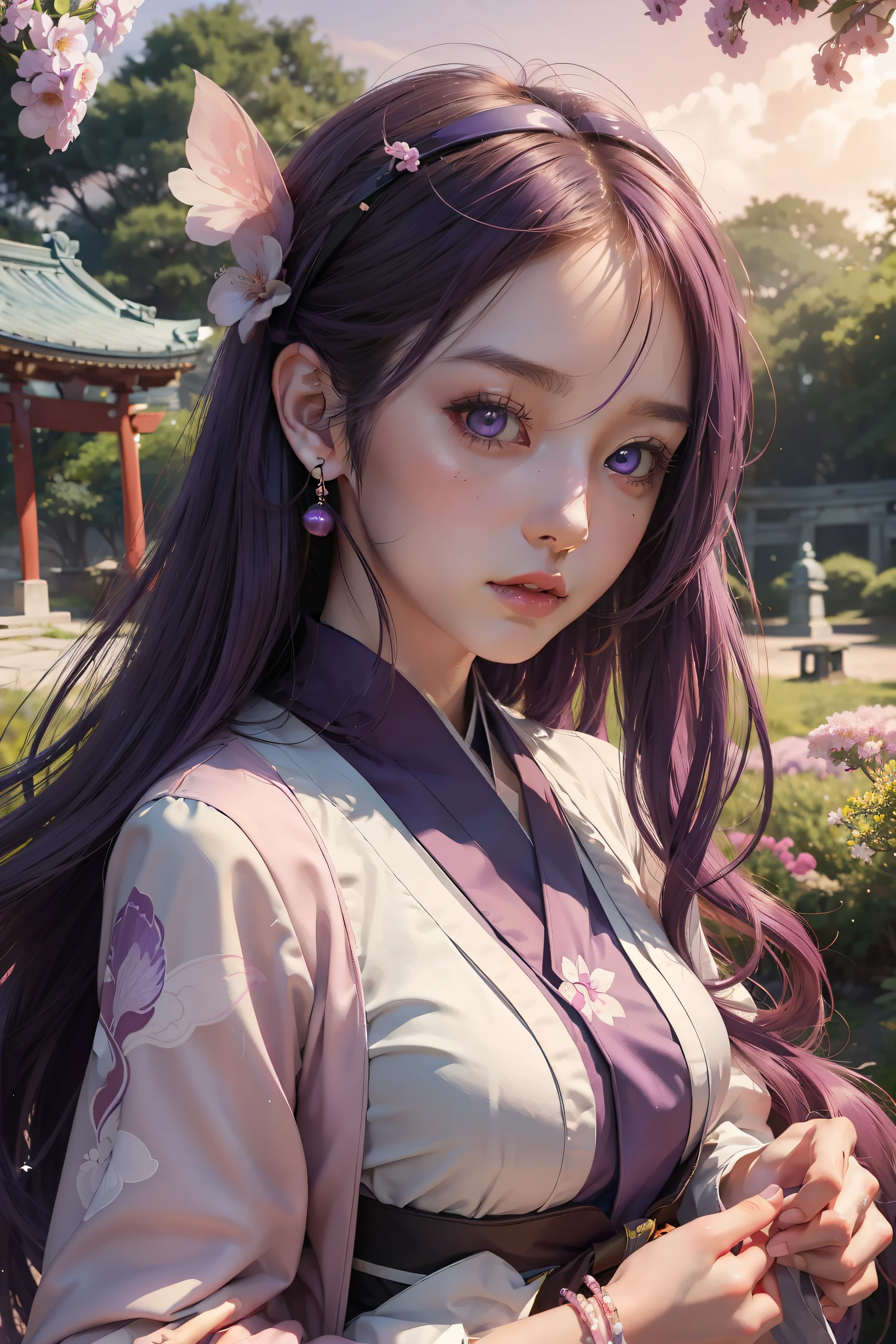 anime girl with beautiful eyes, and brown purple pupils, gently blushing with alluring lip gloss, mysterious, swag and chic girl, anime girl, lofi girl, in style of digital illustration, aesthetic cute with flutter, soda themed girl, in an anime style, lofi portrait - girl with purple hair and wearing traditional Japanese costume, futuristic, in a garden with japanese torii gate as background, purple pastel atmosphere, spiritual forest garden, sunset, dusk, beautiful, romantic, colourful, detailed, AI art, powerful, digital art, futuristic scene, anime art, anime portrait, having a floating azuki red bean on hand with water effects