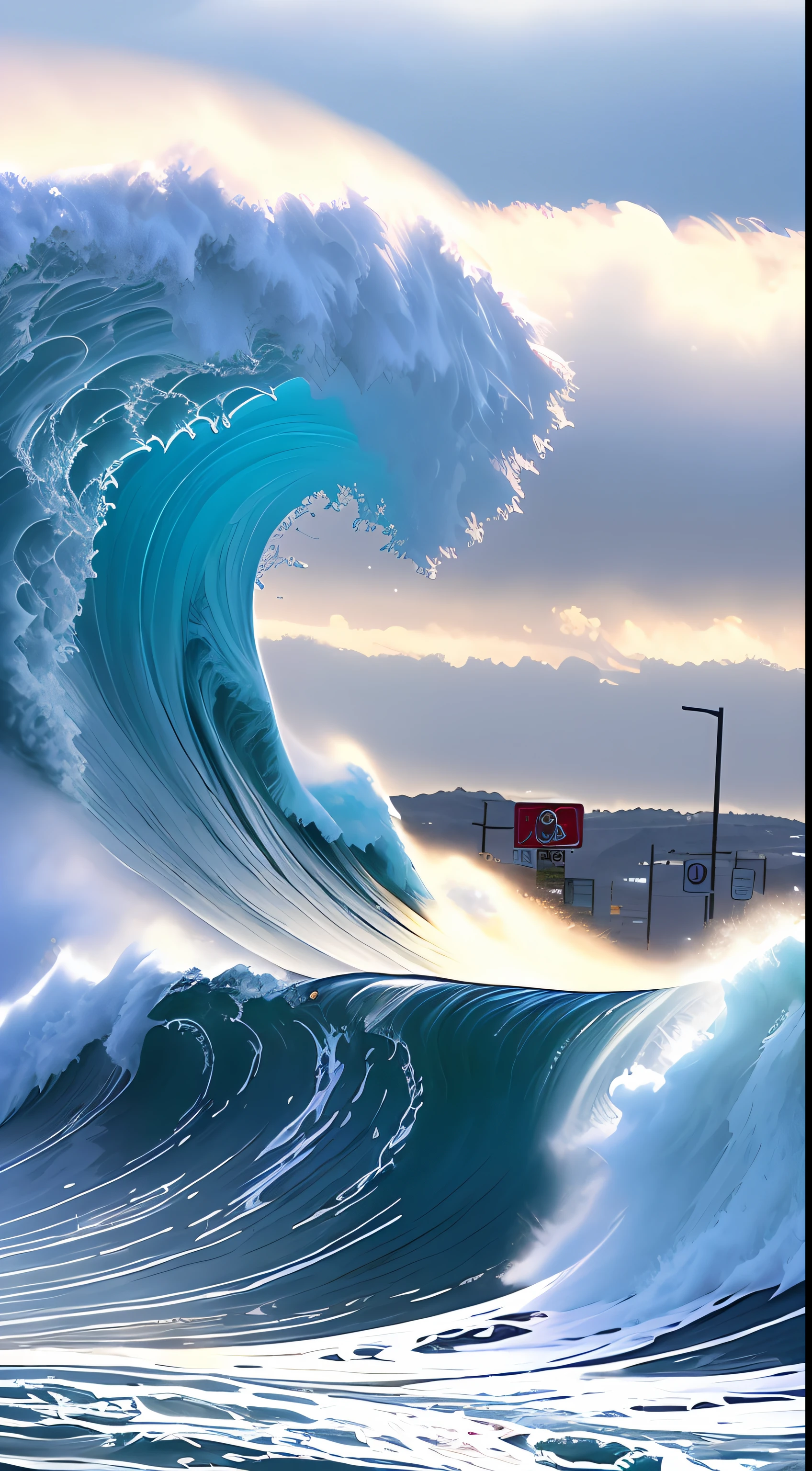 arafed wave crashing into a road with a street sign in the foreground, tsunami behind him, tsunami, ❤🔥🍄🌪, mutiversal tsunami, giant waves, very huge waves, he is floundering, apocalyptic tumultuous sea, huge waves, tokyo in a flood, massive waves, great wave, beautiful!!!