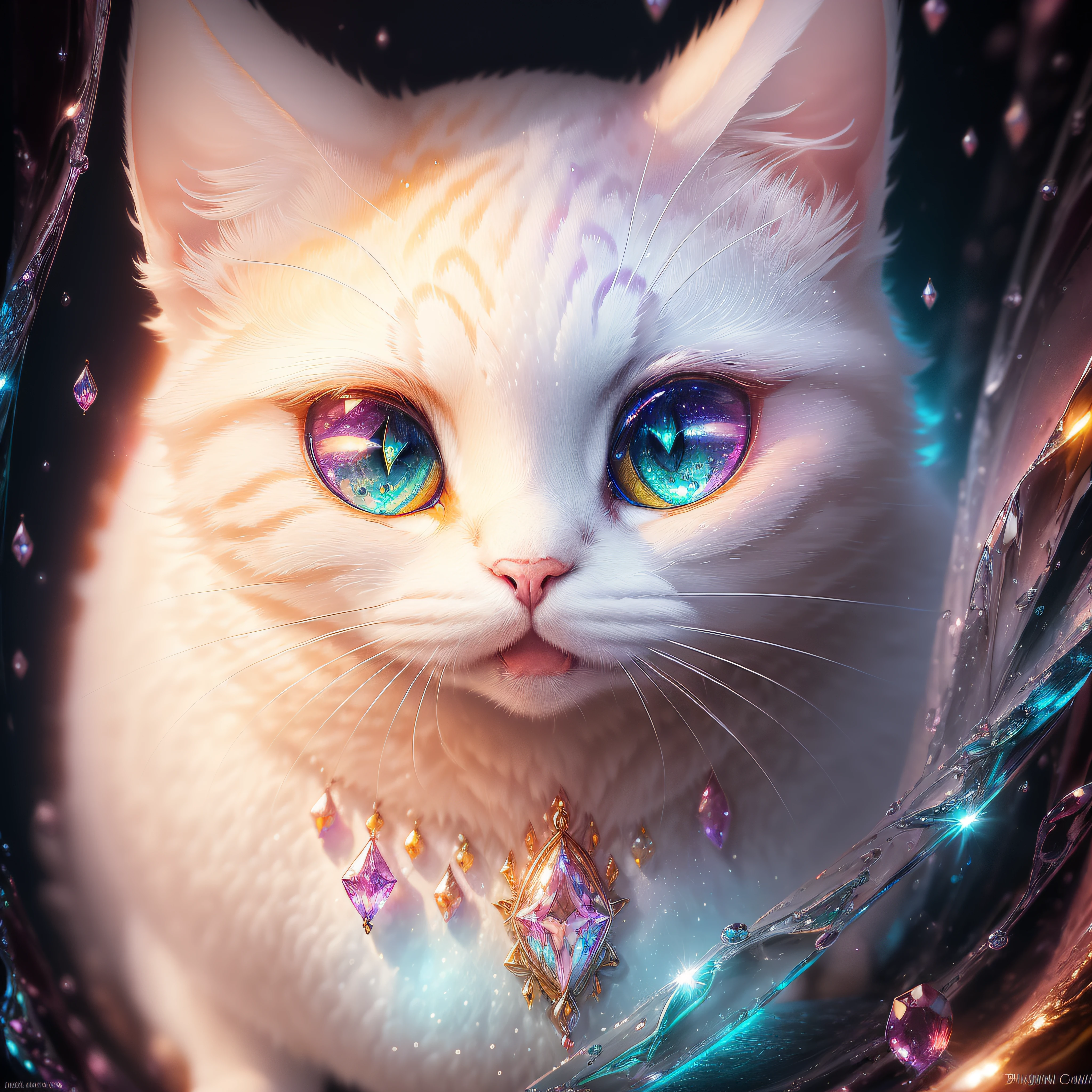 White cat、White cat、White cat、White cat、close-up of the smile face、smil、(roundly eyes、Sapphire green eyes,、Glowing eyes、Eye Gloss）、（Open lips、teeth are slightly visible、lipgloss）、dreamlikeart、Highly detailed airbrush art、intricate detailes、Volumetric lighting、top-quality、The ultra-detailliert、The composition of the movement、Highly detailed colorful details、Irridescent color、Bright lighting、dream-like、Magical、dynamic compositions、The mirror reflects light、Shallow depth of field、ultra-detailliert、mixing  exposure、Super masterpiece、vivd colour、colourfull、One woman's face、Cute cat in clothes、Anthropomorphic representation、Rich colors、exquisitedetails、(Ultra CG), (High resolution:1.5)、、Colorful, Transparent gems on the beach、Orange in the sky、pink there、Absolutely enchanting sunset on the beach mixed with yellow、The water is crystal clear and splashing、White sand beach stretches out as far as the eye can see、Dynamic and breathtaking scenes、