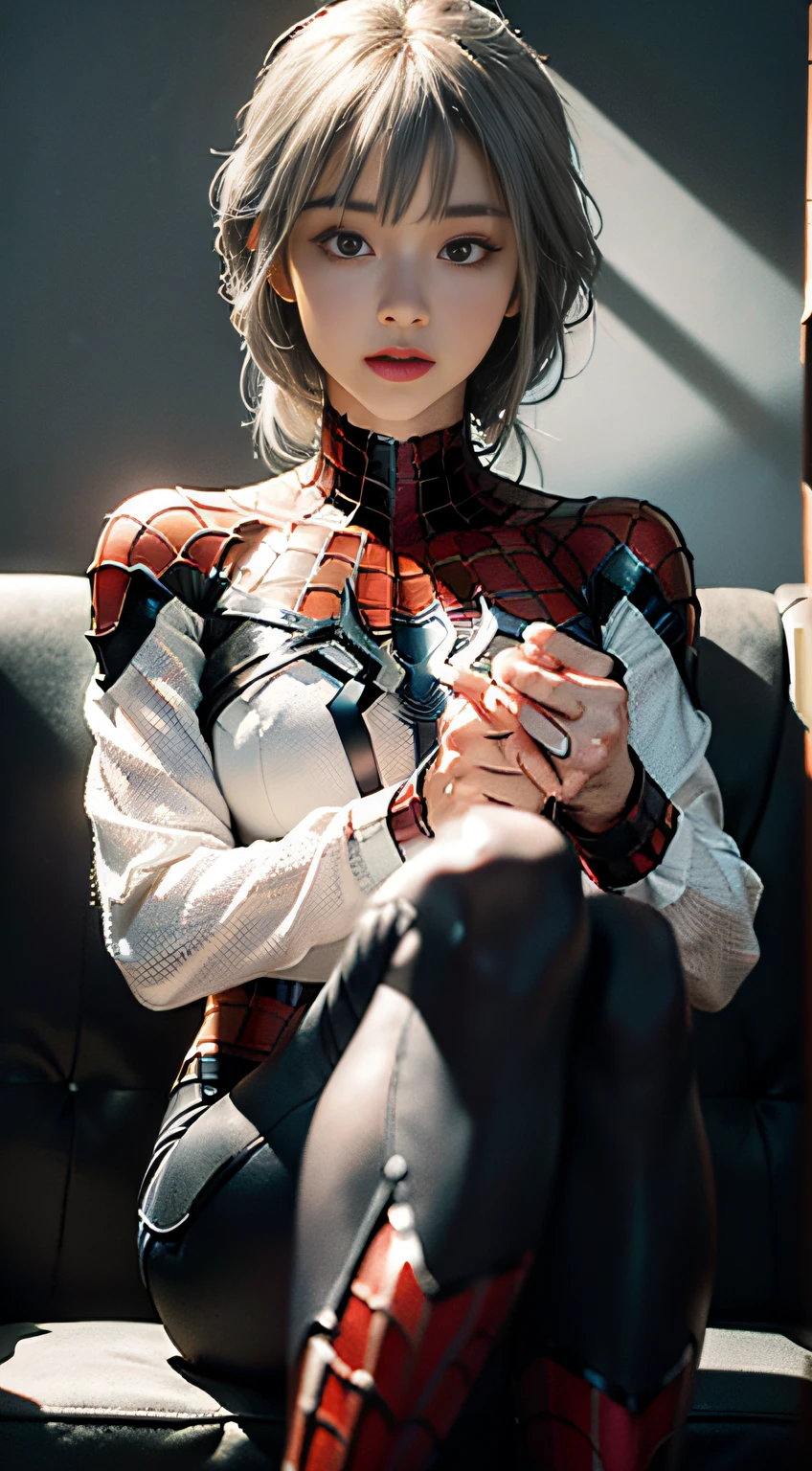 (Extreme Detail CG Unity 8K wallpaper, masterpiece, highest quality), (Exquisite lighting and shadow, highly dramatic picture, Cinematic lens effect), a girl in a white Spider-Man costume, silver gray hair color, from the Spider-Man parallel universe, Wenger, Marvel, Spider-Man, sitting on the couch, dynamic pose), (excellent detail, excellent lighting, wide angle), (excellent rendering, enough to stand out in its class), focus on white Spider-Man costumes, complex spider textures
