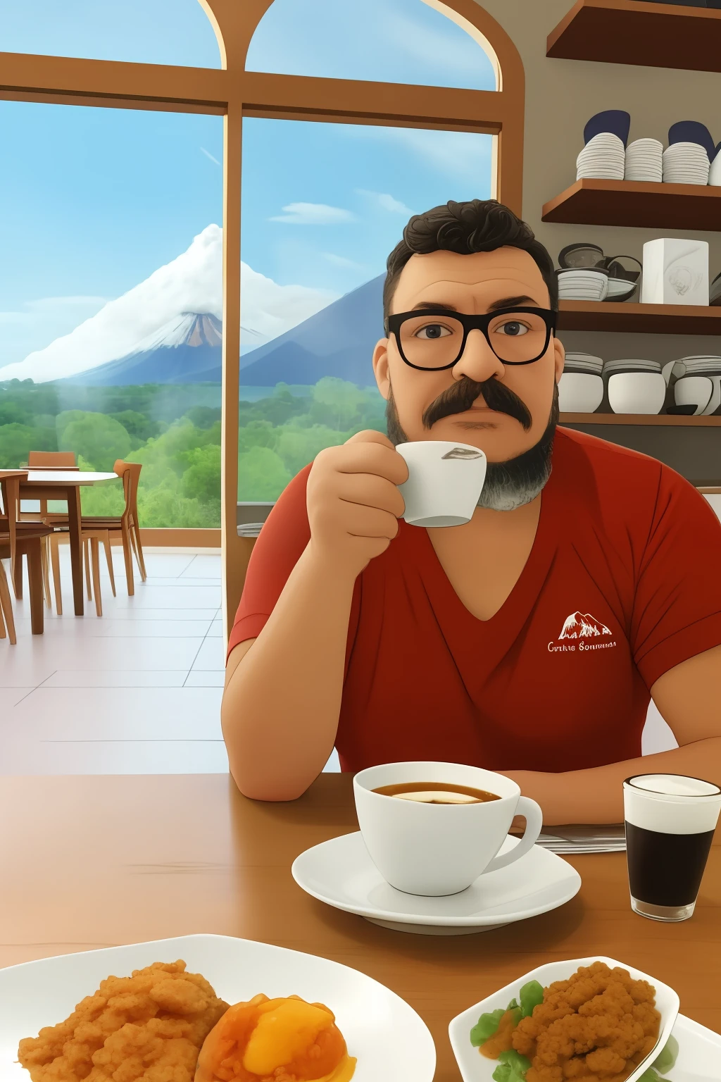 retrato realista de um homem de oculos barba e bigode, rosto definido e detalhado, with a cup of coffee in your hands. Ele esta sentado em uma cafeteria charmosa. Through the window you can see a volcano erupting with lava and fire. Cena fantasiosa e realista. Detalhada e sensacionalista. 8k. UHD