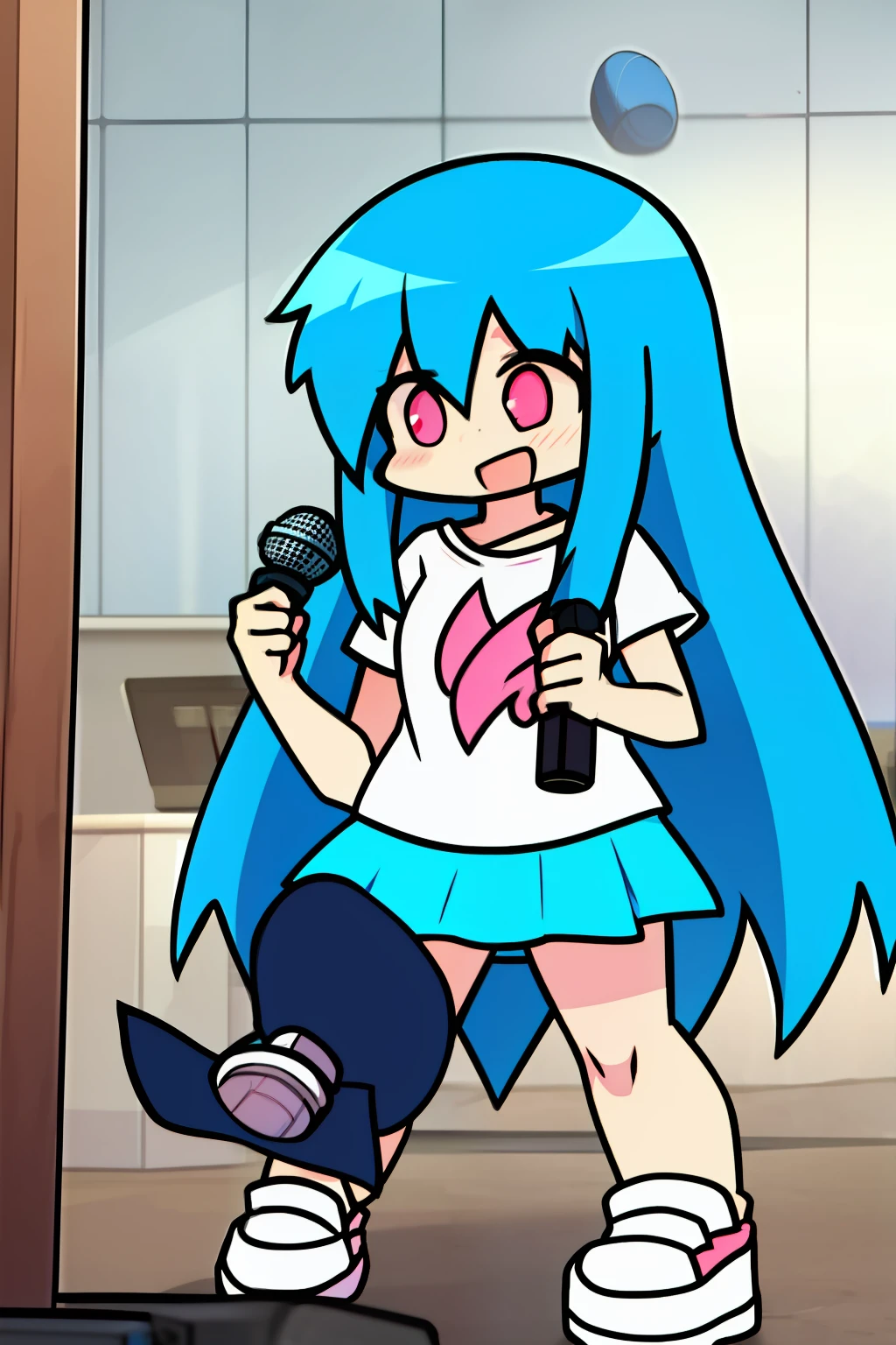 masterpiece, long hair, blue hair, 1girl, best quality, skirt, wearing T-shirts, having a microphone