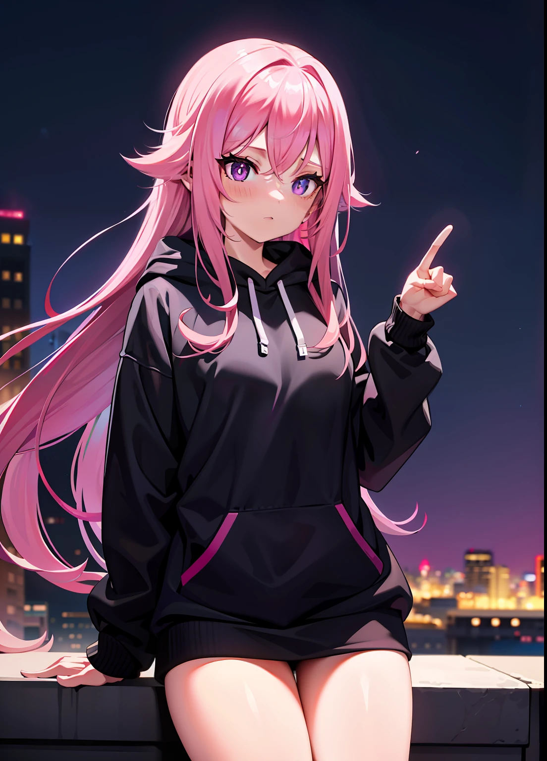 Long pink gradient hair,best qualtiy,Purple pupils,mediuml breasts,Black sweatshirt with hood,nighttime scene,8K ,Stand on the rooftop of the city
