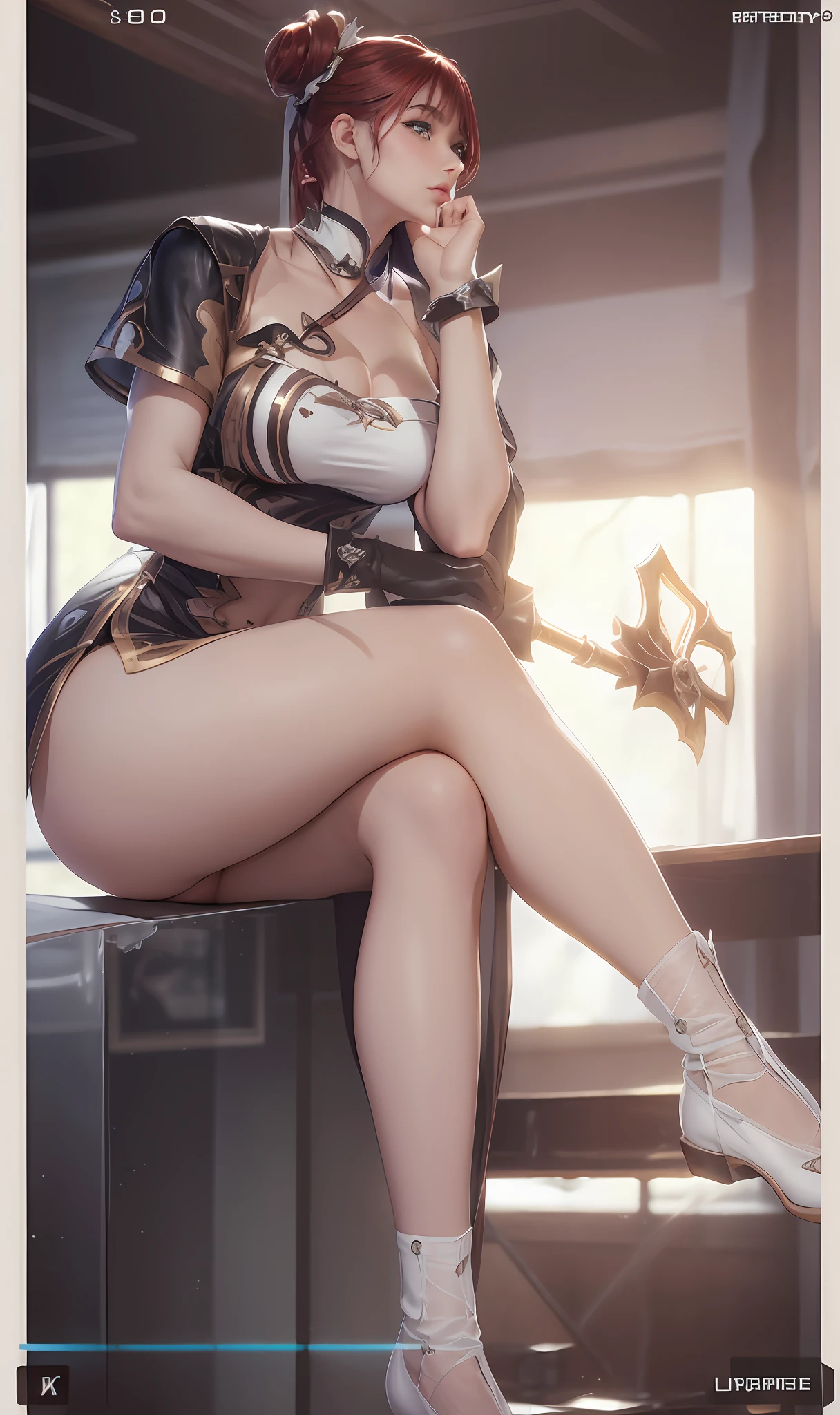 High quality fingers,Normal hands,detailed finger,tmasterpiece,(realisticlying,Photorealistic:1.37),(22-year-old woman),Katharina from League of Legends,mediuml breasts,Small waist,dark red colored hair,eBlue eyes,beauitful face,Perfect litthing,beatiful detailed eyes,looking at viewert,stunningly beautiful woman,detailed hairstyles,detailed back ground,shorter pants,Detailed fantasy background,(perspired:1)tmasterpiece,Best quality,Portrait of 1girl,((best qualtiy)), ((tmasterpiece)), (the detail:1.4), 3D, hdr(HighDynamicRange),Ray traching,NVIDIA RTX,Hyper-Resolution,Unreal 5,Subsurface scattering、PBR Texture、post-proces、Anisotropy Filtering、depth of fields、maximum definition and sharpness、Many-Layer Textures、Albedo e mapas Speculares、Surface coloring、perfectly proportions、rendering by octane、Two-colored light、largeaperture、Low ISO、White balance、the rule of thirds、8K raw data、Raised translucent top, Smaller top, Smaller white lace shorts, Raised, Mature feminization, Flattering eyes, White lace translucent top,Flat naked abdomen, Snow-white thighs, White lace stockings, Bare arms, Mature charm deep V open neck, White lace translucent shorts perfect figure 9-head beauty body contains thunderbolt