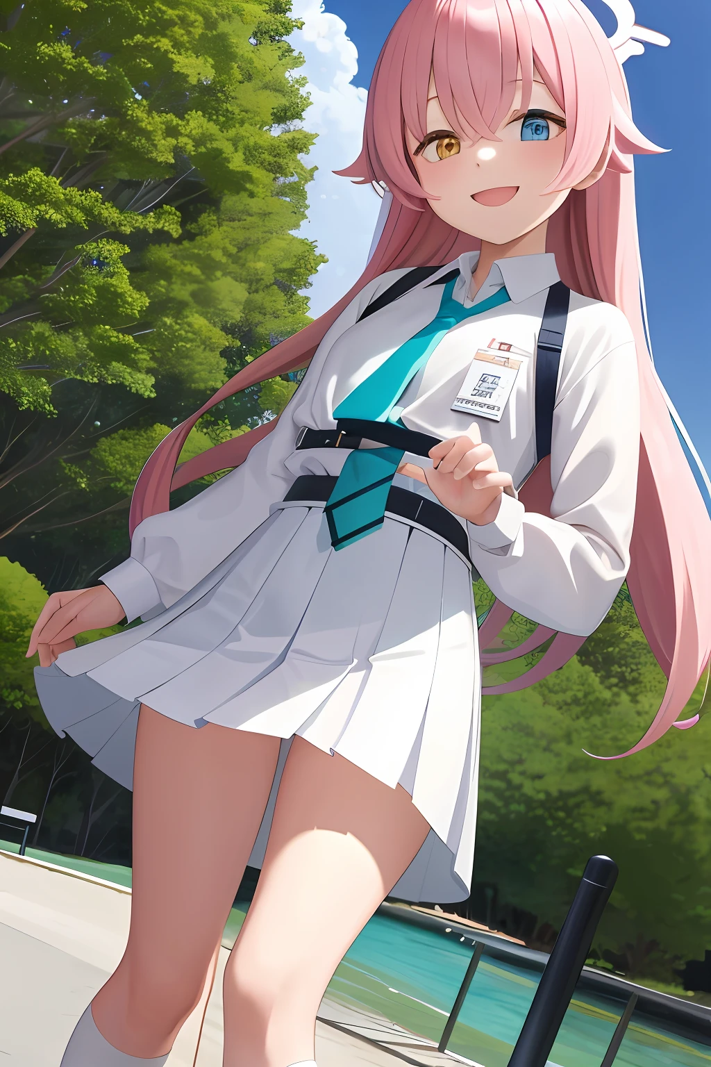 masterpiece, best quality, ultra-detailed, 1girl, hoshino, white shirt, pleated skirt, smile, standing, outdoors