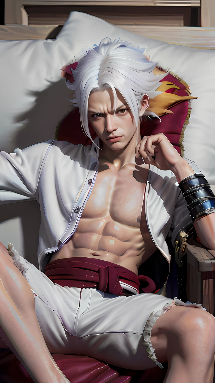 Best quality, ultra high resolution, ultra-detailed,realistic,18 years old,boy,8k,Luffy,one piece,White flame hair,Luffy gear 5,handsome,Naruto hair,white hair,hair up,Naruto.