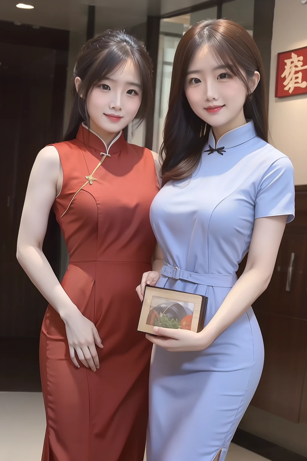 qipao dress,Beautuful Women,professional photograpy.8K,full bodyesbian,realisticlying,Holding the tray