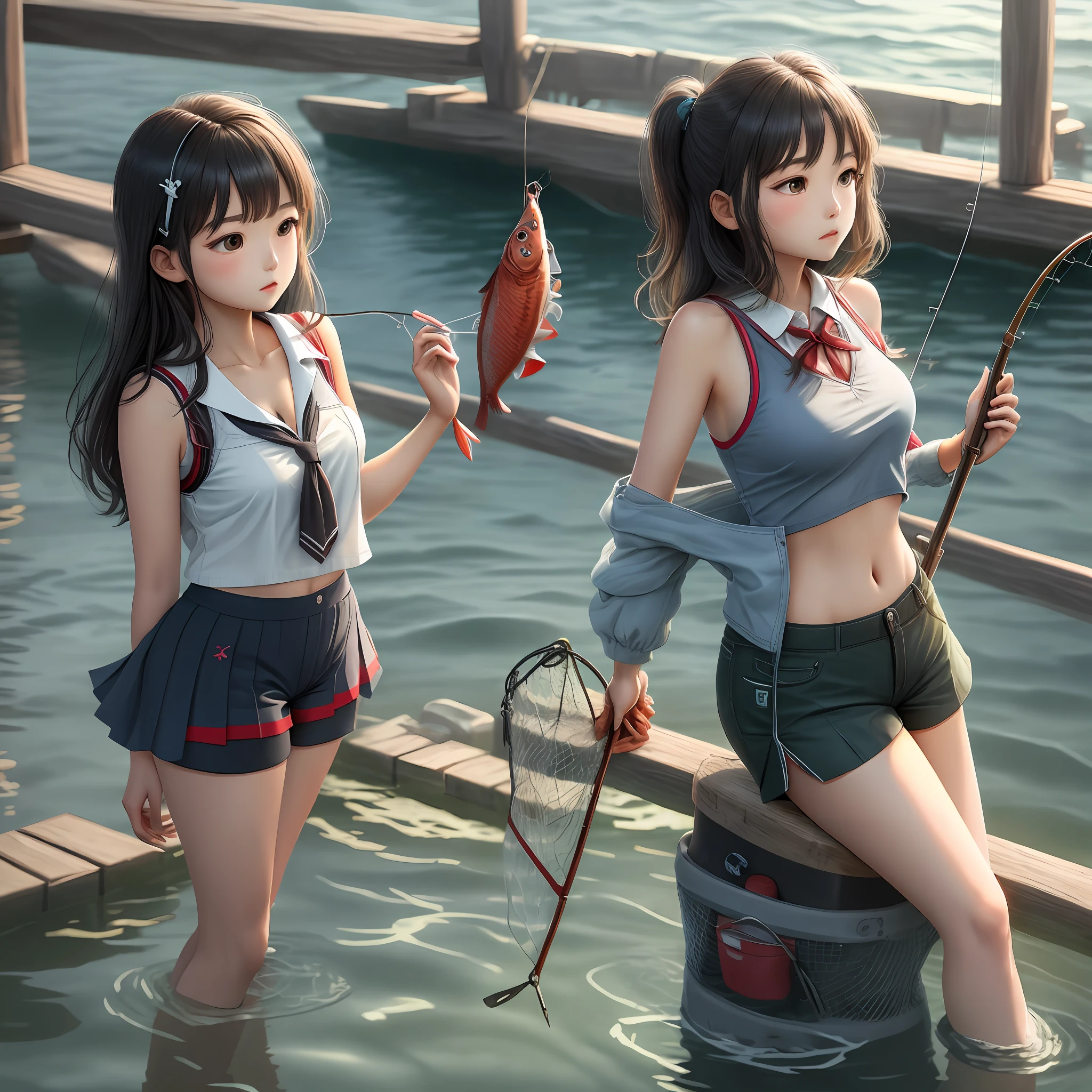 schoolgirls,Fishing net clothing,Chest leakage,whaite hair,Delicate face,quadratic element,sleeveless tops,Ultra shorts,