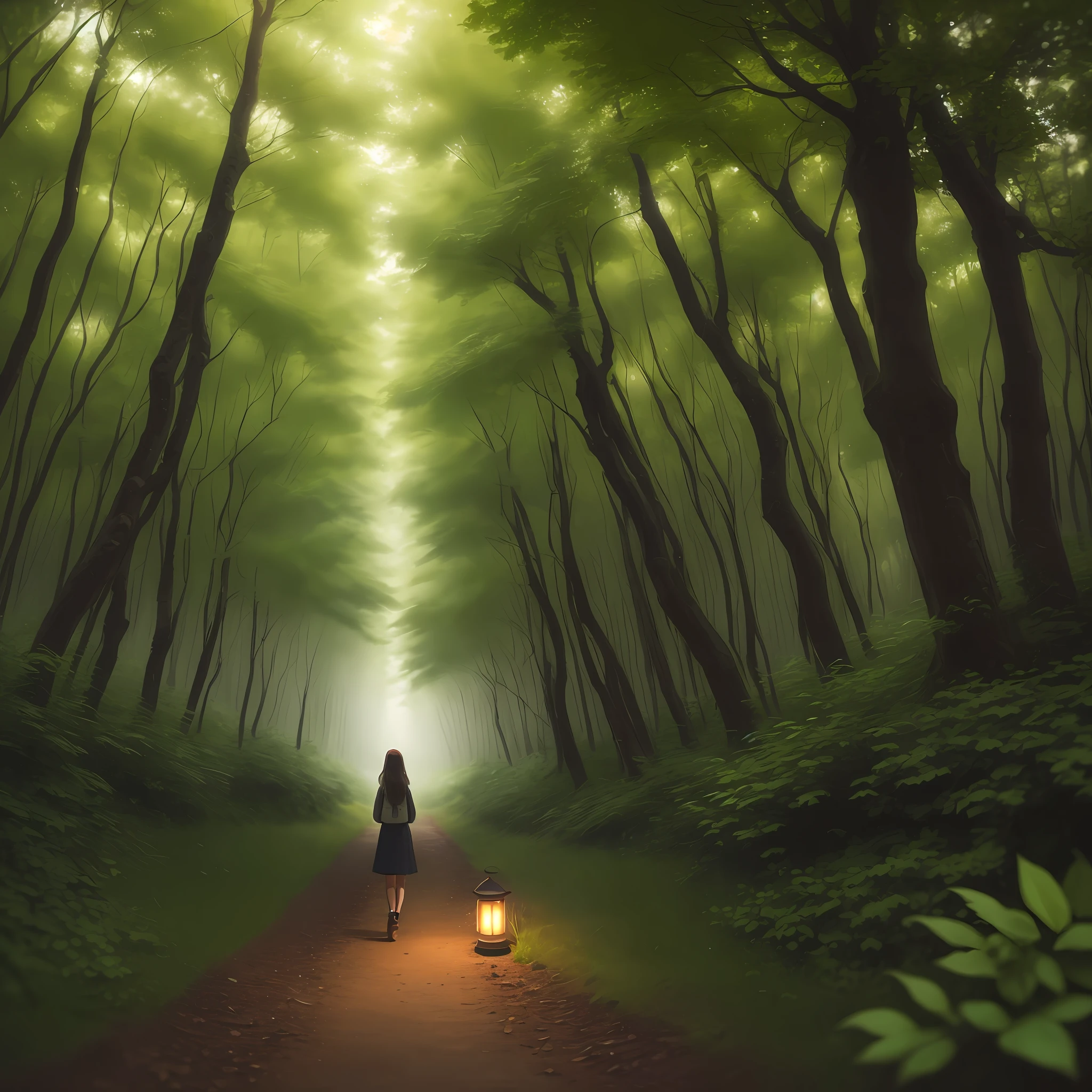 A girl walking in a green forest from the back with a lantern in her hand