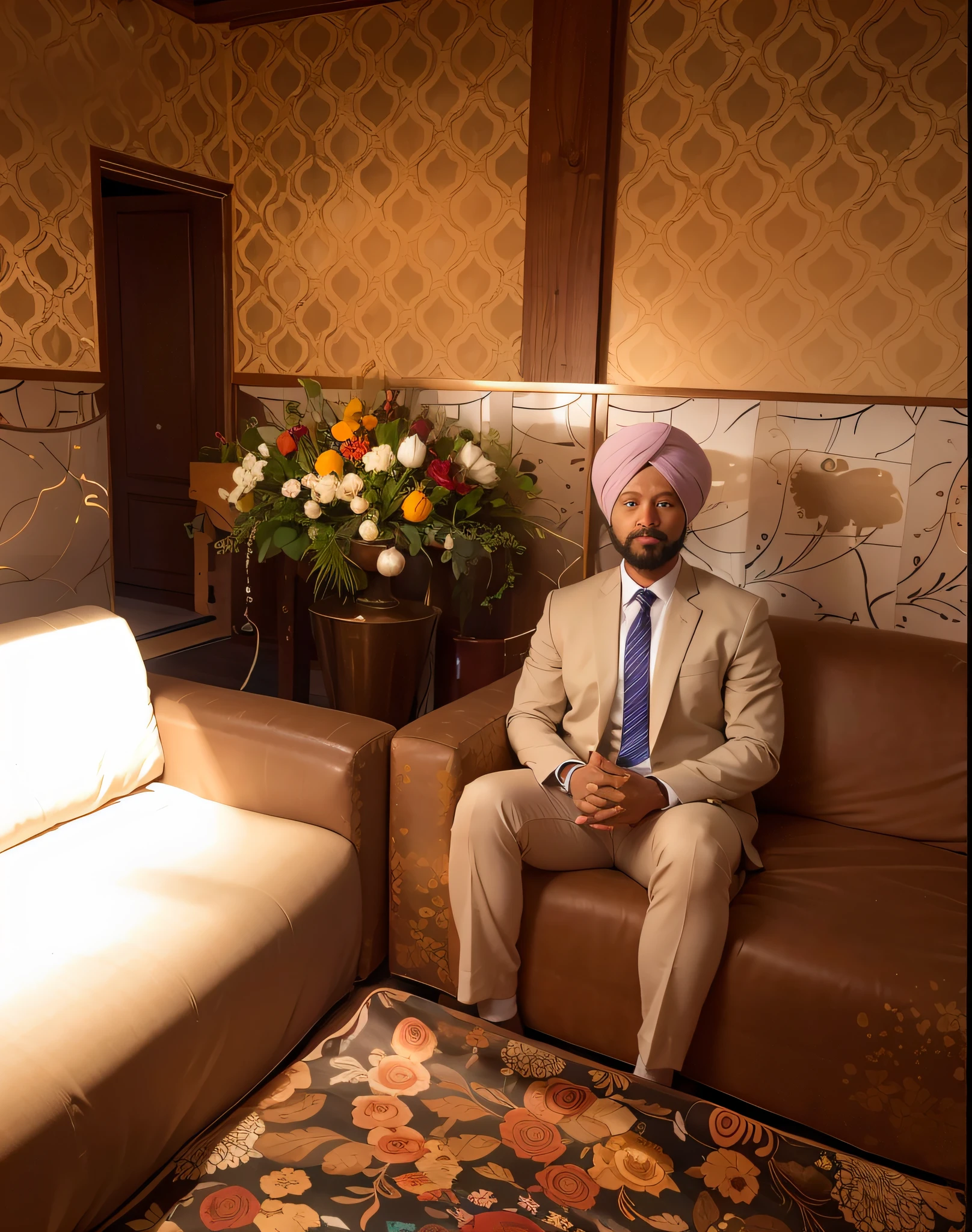 Change the background to a high-resolution 8k image while keeping the face and turban unchanged. The face and turban should remain the same. Please make it suitable for use as an avatar profile photo.