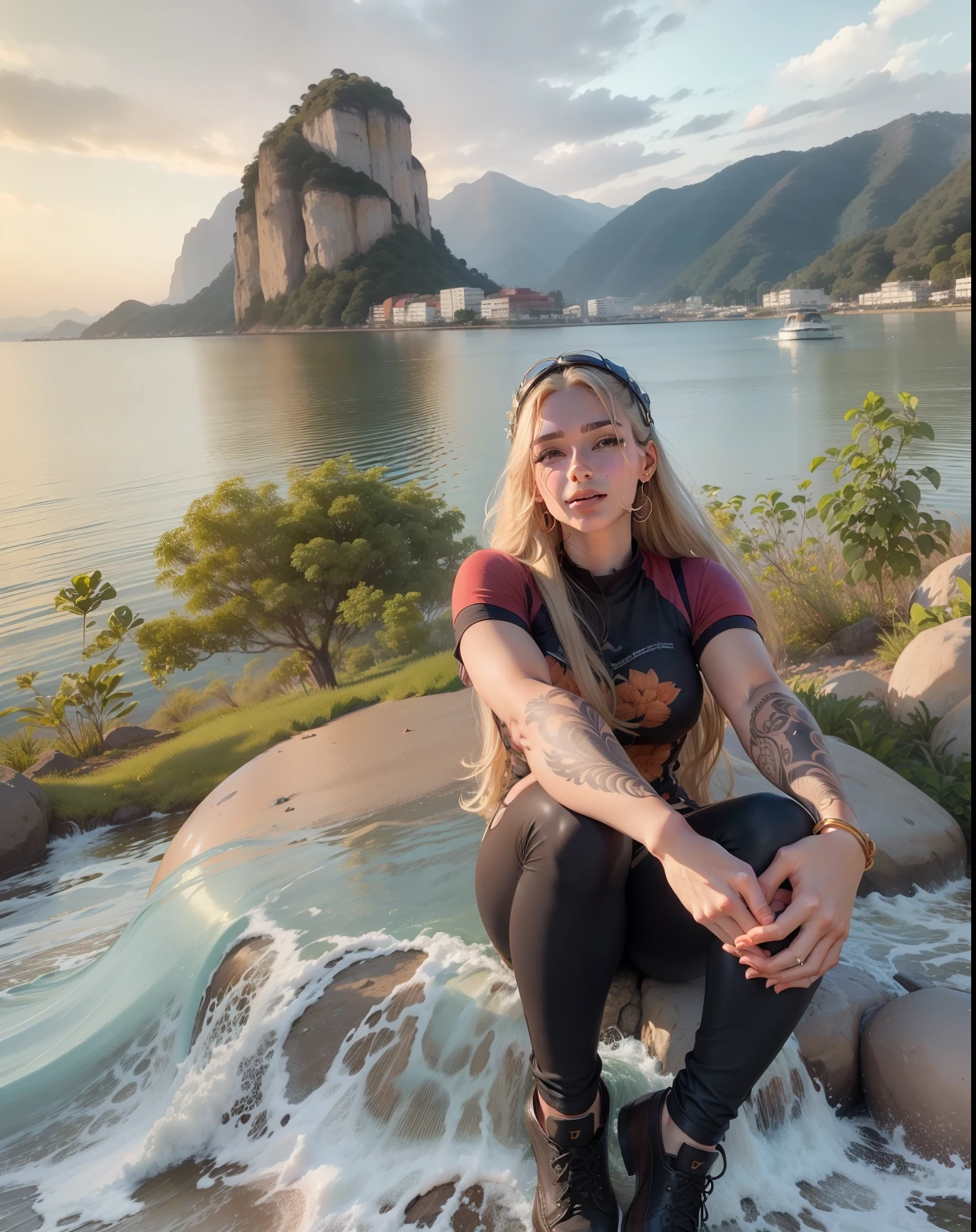 Um close-up do rosto de uma mulher, banhado em tons quentes de laranja, as if illuminated by the soft glow of a sunset, seus olhos brilhando de alegria e contentamento, framed by flowing strands of hair, Fotografia, fotografada com uma lente de 35mm, cabelo loiro, manter rosto