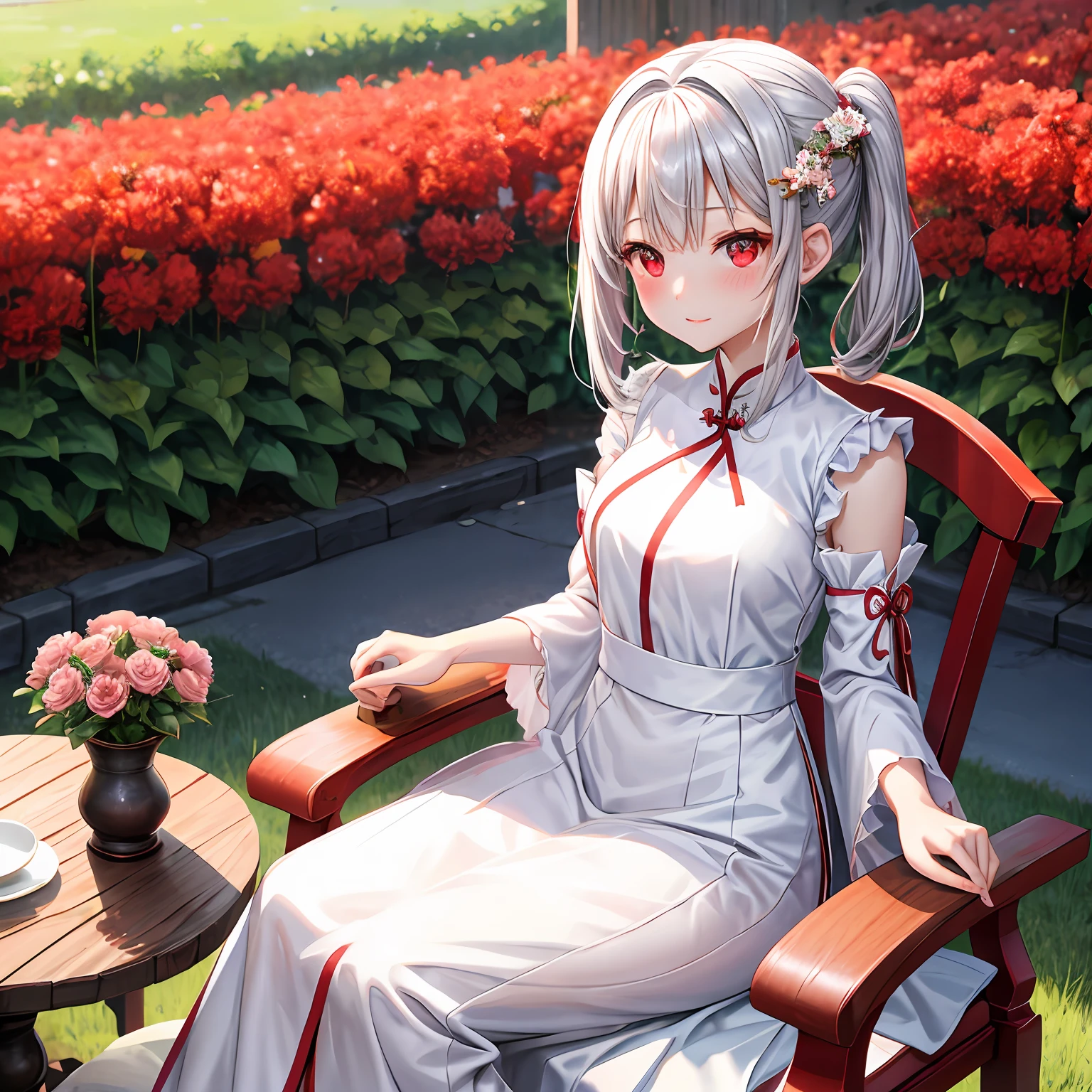 silber hair、red eyes、One pretty girl、独奏、animesque、flower field、red blush、White cheongsam、Sitting on a chair