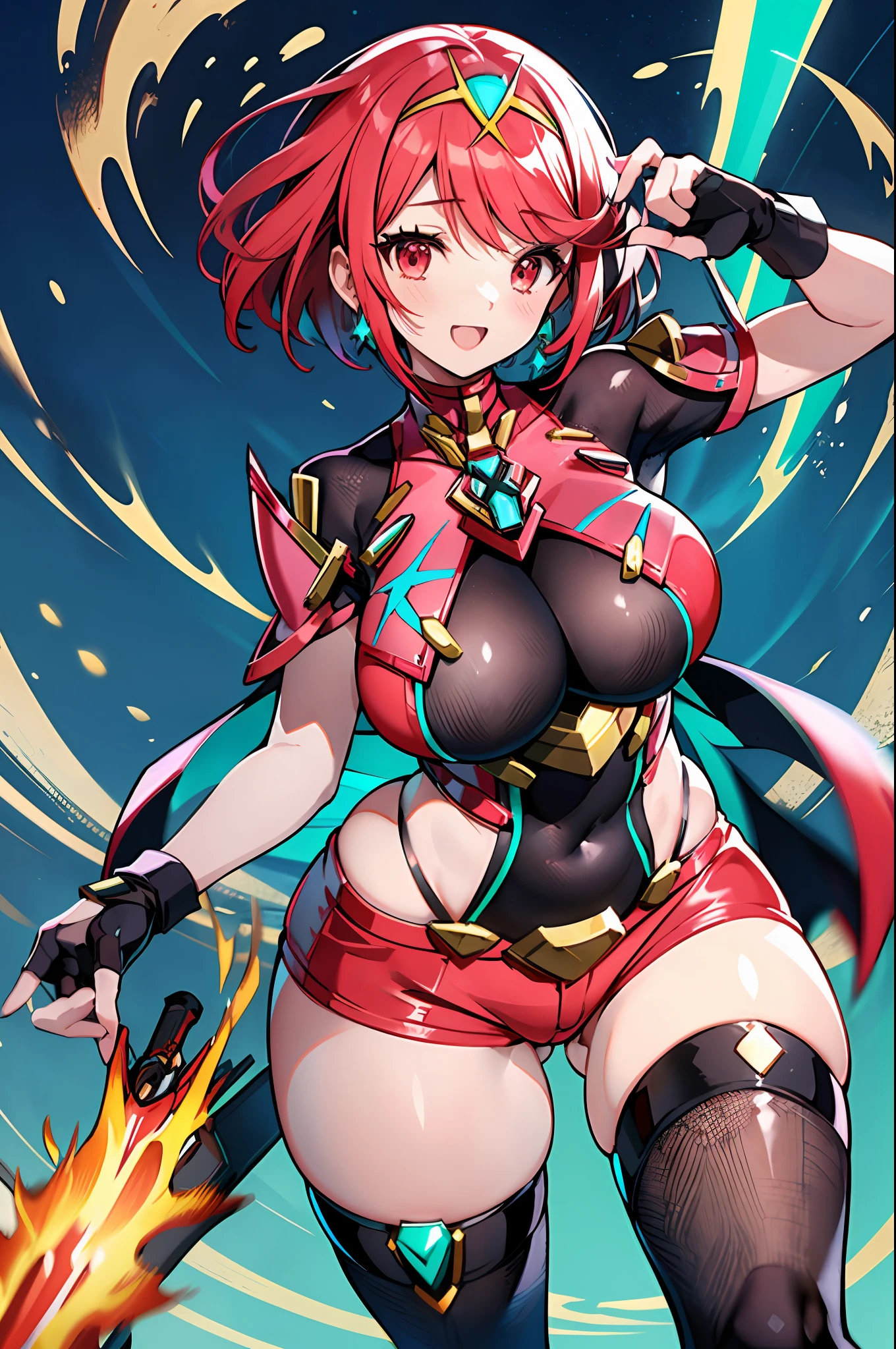 pyra \(xenoblade\), _1girl, armor, bangs, black gloves, breasts, red eyes, closed mouth, earrings, eyelashes, fingerless gloves, floating hair, framed breasts, gem, gloves, hair ornament, headpiece, jewelry, big_breasts, leaning back, leotard, neon trim, official art, pose, red hair, red shorts, saitou masatsugu, short hair, short shorts, short sleeves, shorts, sidelocks, skin tight, solo, standing, swept bangs, thighhighs, tiara, night_prairie_background, turtleneck, underbust, vambraces, xenoblade chronicles \(series\), (xenoblade chronicles 2), apart_legs, fire_effect,dynamic_pose_fighting,light_smile, (plump:1.1), big_ass,huge_sword, hold_large_sword_hilt, solo, covered_nipples, covered_pussy,open_mouth,