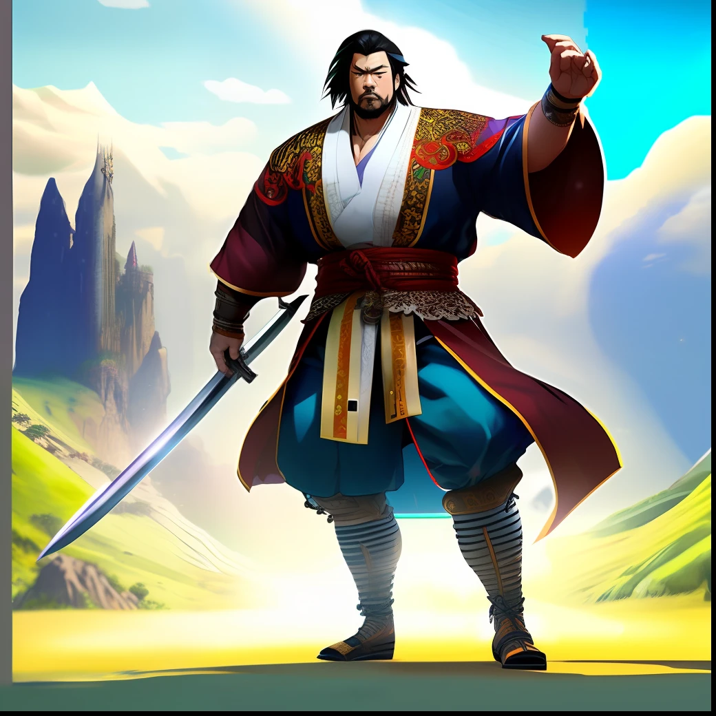Full Body Character,2D anime,wlop style,Mongorian big Fat man,mongorian costume,simple dark background,beautiful shose,
martial artist usingmongolian Sword,gold flower embroidery, very big fat man,Flashy makeup,
mongolian hairstyle,very strong,cool, insanely detailed,dramatic lighting,
masterpiece,smooth8k,GoPro,masterpiece,