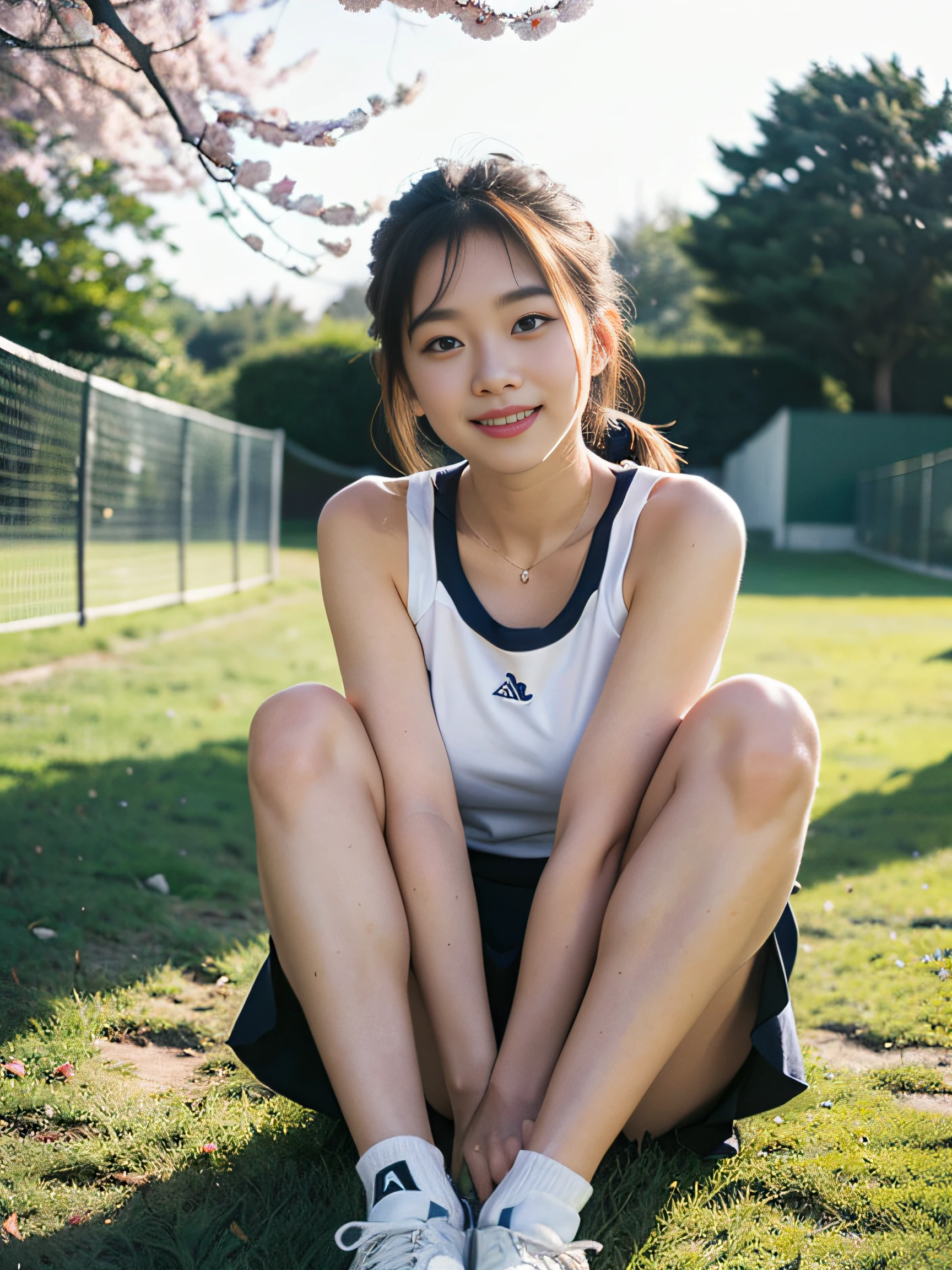 (8K、top-quality、masterpiece:1.2)、(realisitic、Photorealsitic:1.37)、ultra-detailliert、top-quality、超A high resolution、From head to thigh、professionally lit、Cinematic lighting,a park、A path lined with flourishing cherry blossom trees、depth of fields,Focusing,Sun'rays,Good composition,(Bokeh:1.2),1人,(full body Esbian),(A smile),Beautiful eyes,the pose,Triangular sitting、Constriction,Tennis Uniform,Cropped tank top,poneyTail,(ulzzang-6500:1.2) mix4, hiqcgbody