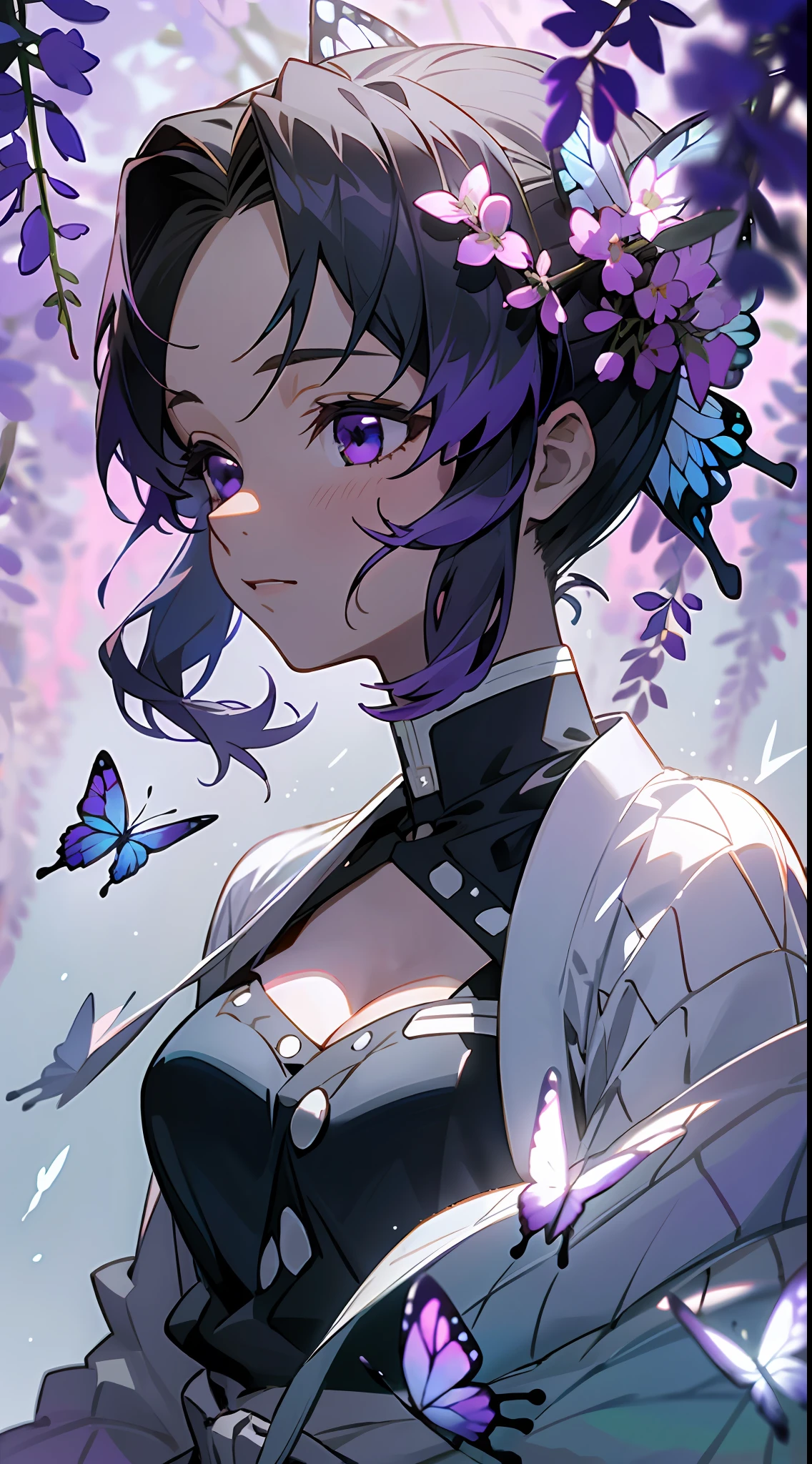 Ultra-realistic 8K CG,tmasterpiece,((Ultra detailed backgrounds,delicate patterns,Complicated details)),Best quality at best,Full body photo,very vey very detailed face,very detailed eyes and faces,Very detailed eyes,Kochou Shinobu,O cabelo multicolorido,No bangs,hair intakes,Purple eye,haori,butterflys,obi strip,(trpical garden:1.2),purple flower,mostly cloudy sky,rays of sunshine,Tyndall effect,Gradient_sky,the face,beautiful sky,Saber on the waist,captivating posture,(Large breasts:1.3),(cleavage:1.3),(Off-the-shoulder attire:1.6)