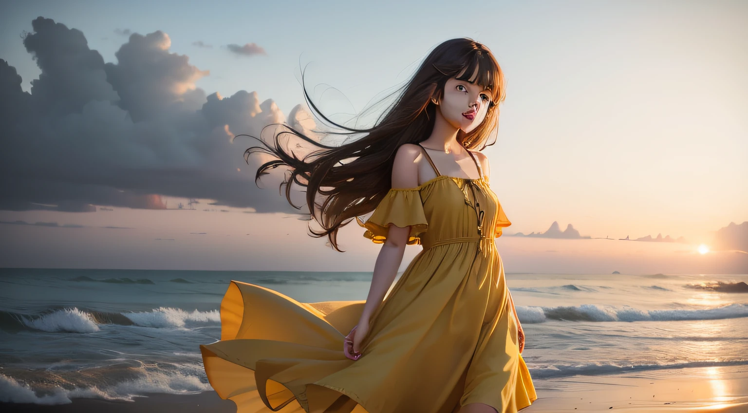s girl,Long yellow dress,Brown hair,beachside,early evening