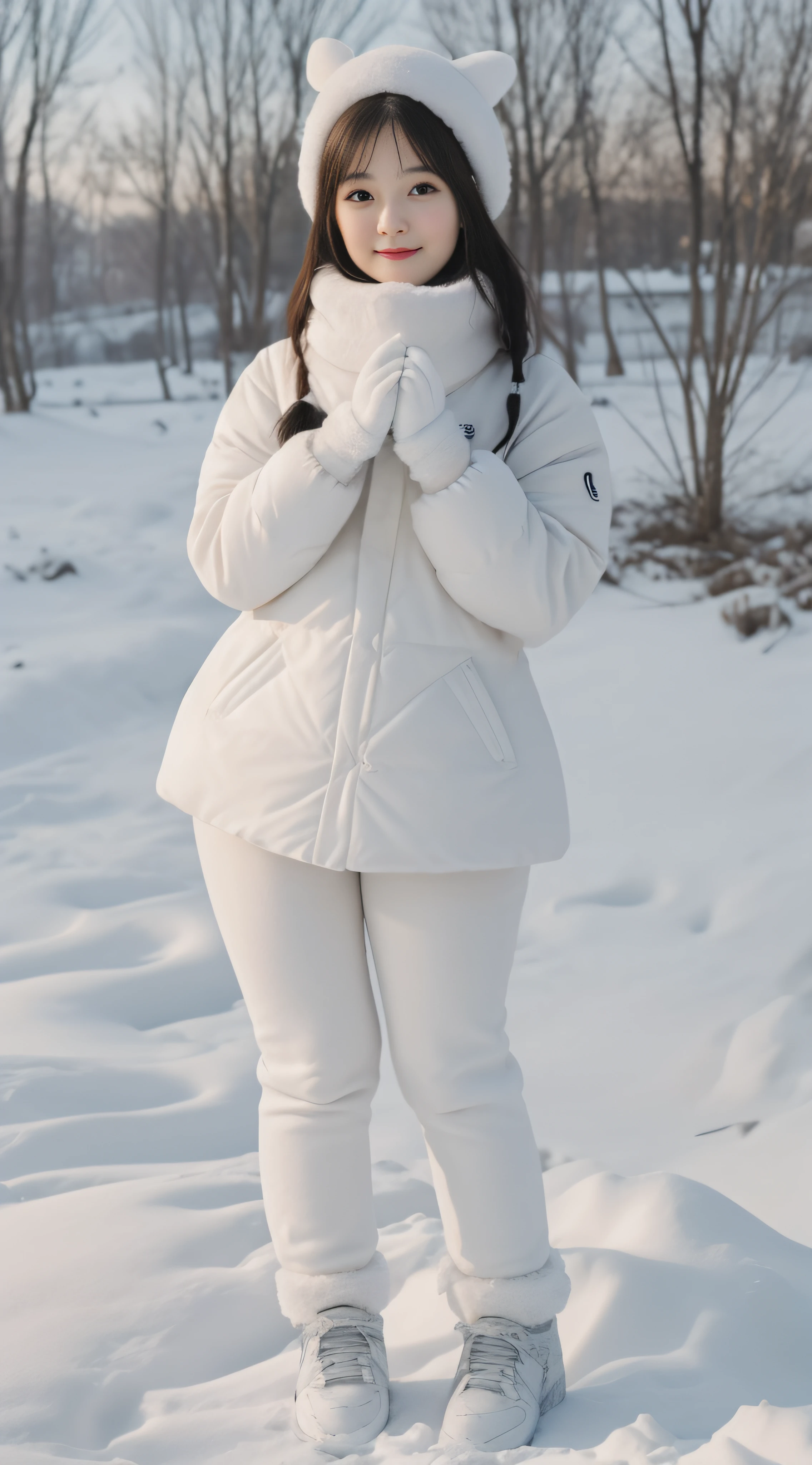 Cute big snowman+Play with Snow Woman,Focus:1.2, perfect figure beautiful woman:1.4,,Best face quality, Ultra-high facial detail,Ultra-high pupil detail,slimfigure,ssmile,Smaller bust,at winter season,围巾,outside,Hair is slightly curled,Single horsetail,wearing shoes,Furry overall gloves,