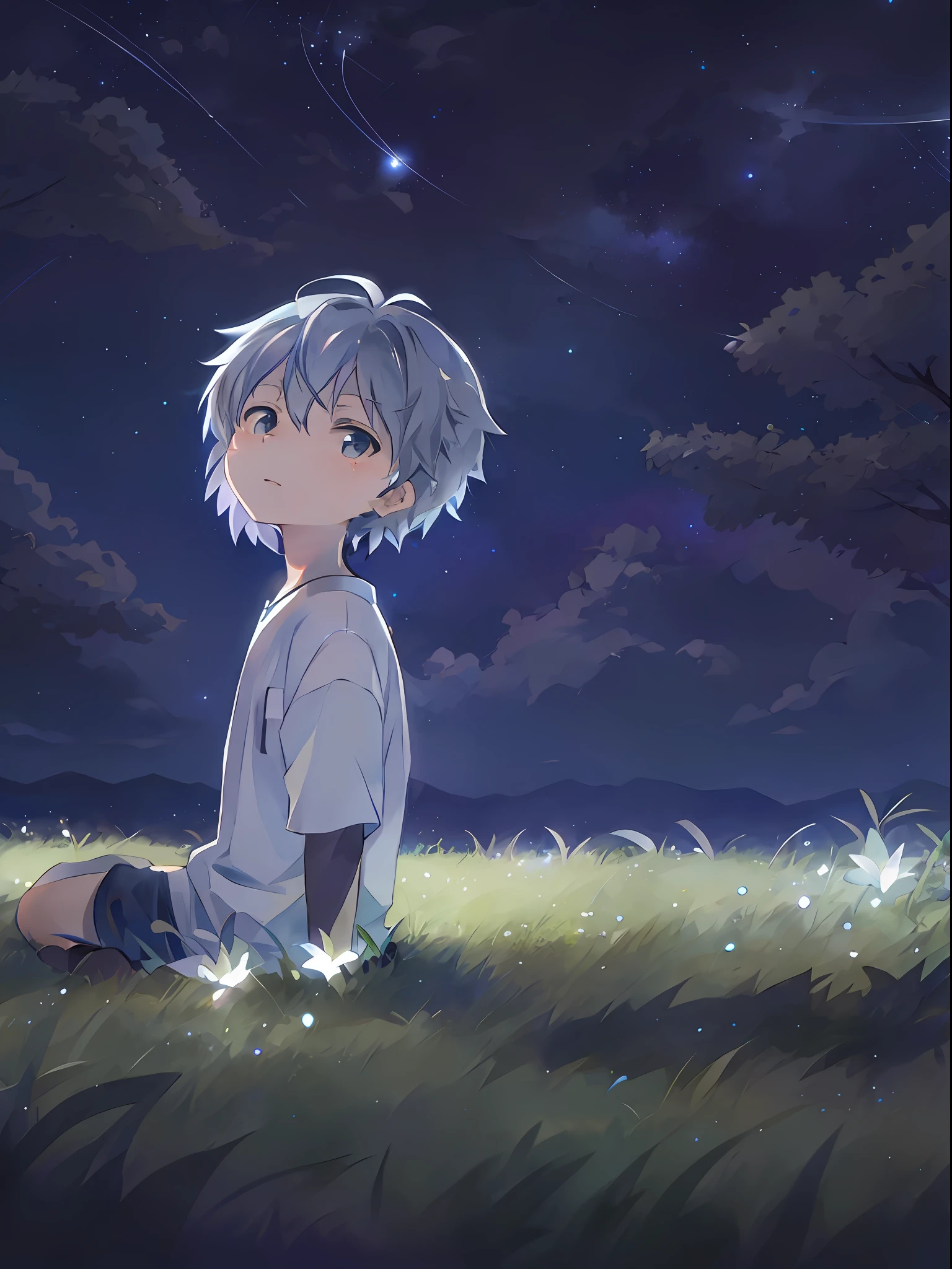 Anime boy sitting on grass looking at the stars, kaworu nagisa, offcial art, official fanart, official anime still, sitting in a field, cozy night fireflies, Official illustration, Star(sky) Starry_sky, watching the stars, zerochan art, glowworm!!, author：New Art, inspired by Tosa Mitsuoki