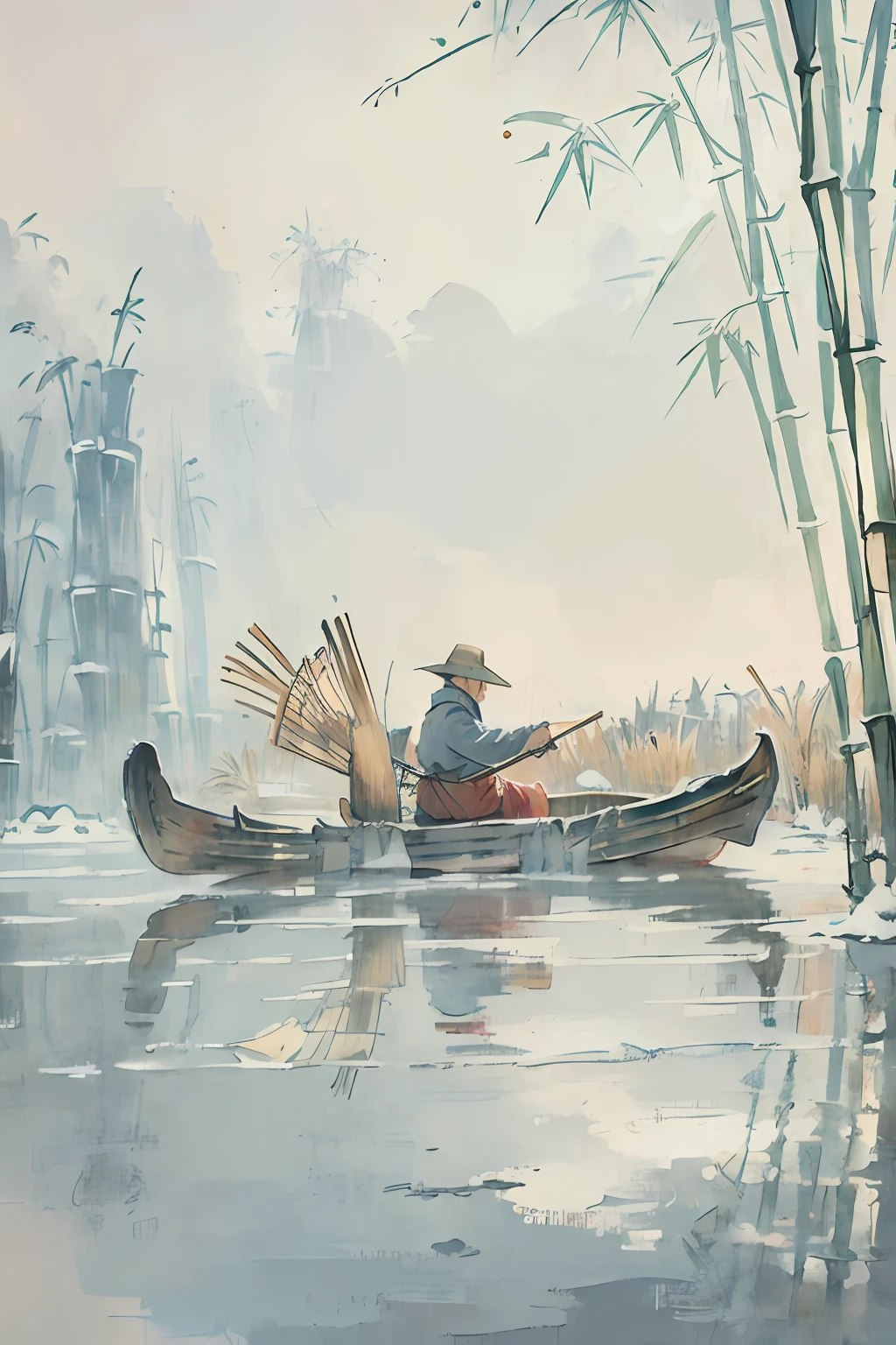 a heavy snow day, an old fisherman wearing (((a bamboo cloth))), is fishing in a lake by a lonely boat