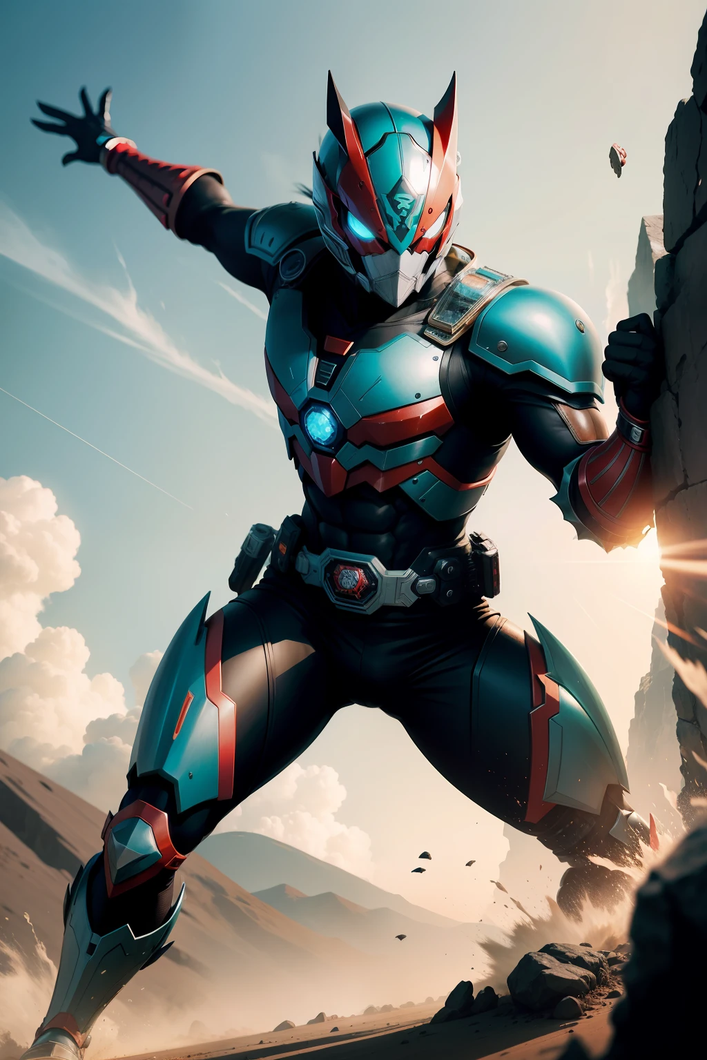 A brave Kamen Rider fights fiercely against terrifying monsters。