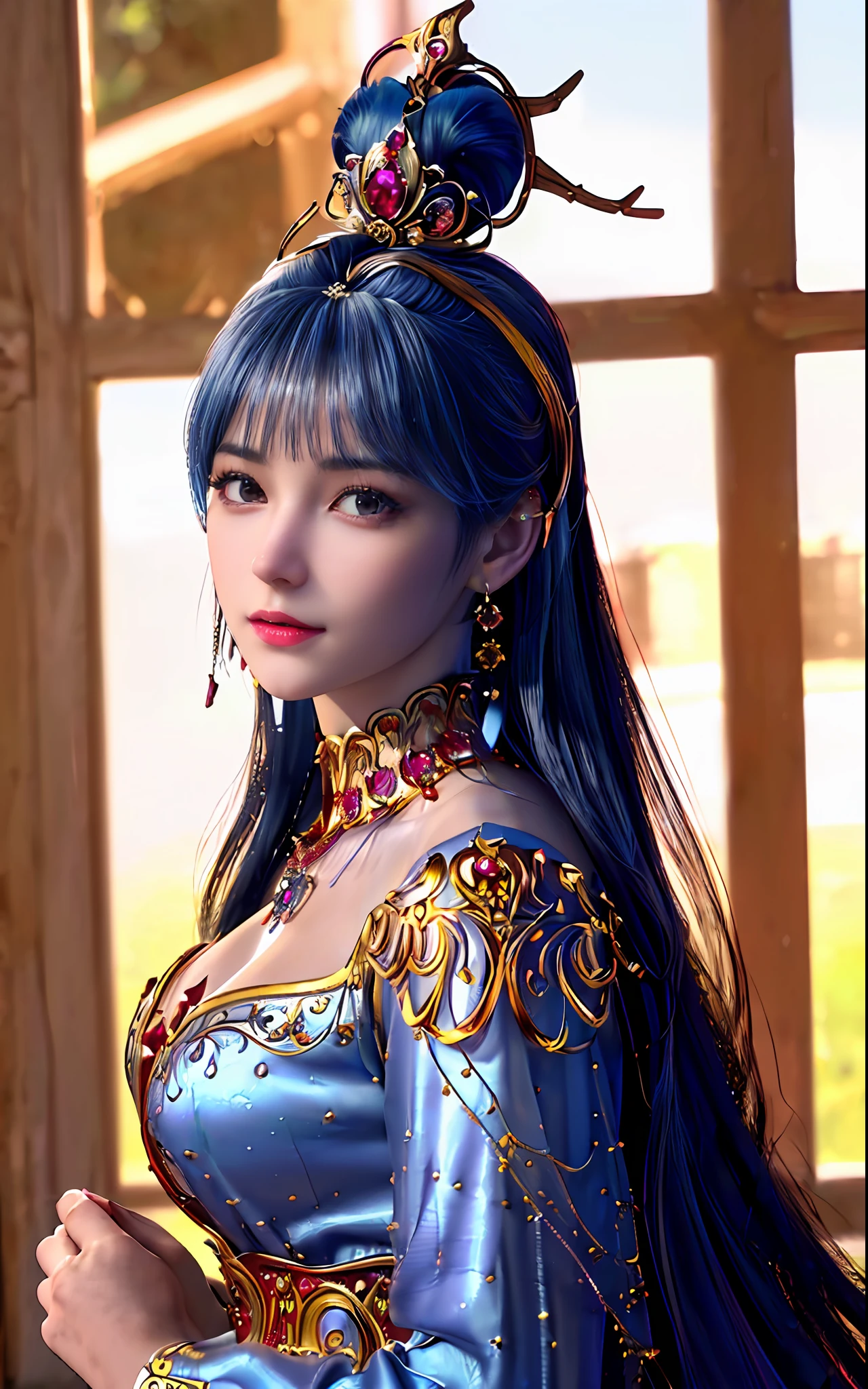 ((realisticity: 1.2)), ((best resolution: 8K UHD)), best quality,masterpiece,highres,cg,
((1 super detailed and super realistic girl)), ((very beautiful queen dazzling, super realistic, and super detailed)),((white skin, beautiful, smooth, youthful, super realistic and super detailed
)), long hair, ((super realistic and super detailed dress)), solo, ((super realistic, super beautiful, gorgeous and super detailed jewelry)), ((super beautiful, super realistic and super detailed dark red and golden yellow dress)),
((super beautiful, super realistic, super detailed diamond filled earrings)),
((super beautiful, super realistic and super detailed diamond filled hair ornament)), ((super beautiful upper body, super beautiful, super realistic and super detailed)), ((big breasts: 2.5)),
((super grand, super realistic and super detailed royal palace backgroun))
((super beautiful, super beautiful, super realistic and super detailed hair bun)), ((super beautiful, super realistic and super detailed blue hair)),
candid, Photograph, high resolution, 8k,Bokeh,