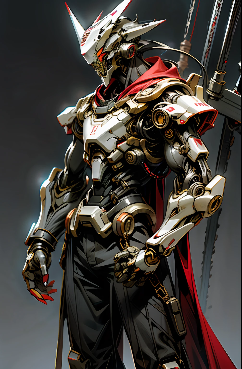 Dark_Fantasy,Cyberpunk,(chain saw,chain saw man,Red:1.1),1man,Mechanical marvel,Robotic presence,Cybernetic guardian,